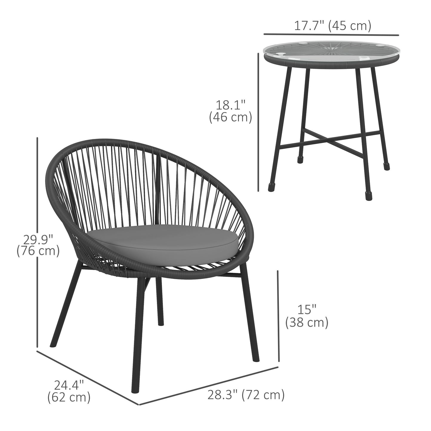 3 Piece Wicker Patio Furniture Set with Soft Seat Cushions, Tempered Glass Tabletop, Bistro Set for Garden, Black