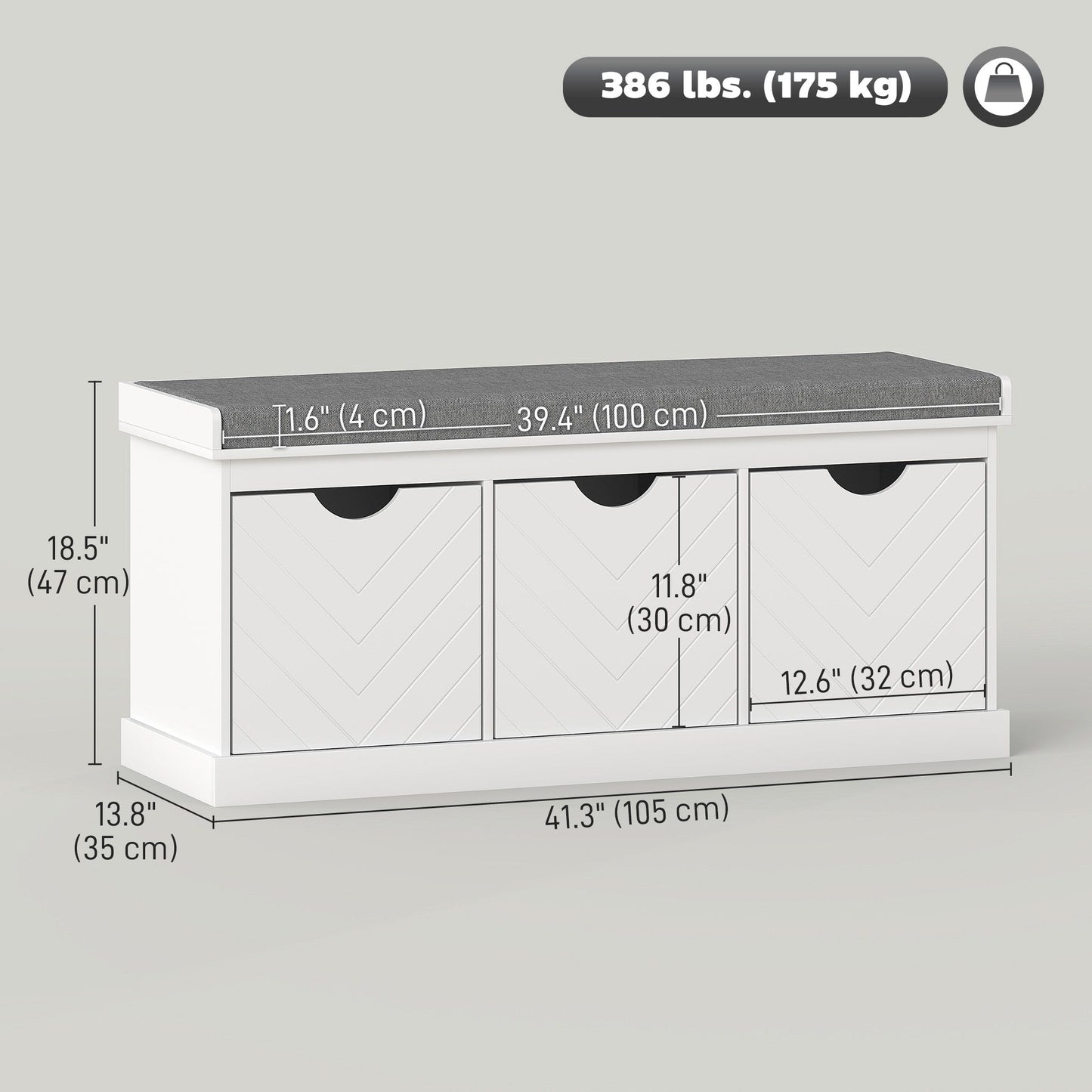 Shoe Storage Bench, Linen-Look Entryway Bench with 3 Removable Drawers and Padded Seat Cushion for Hallway, White
