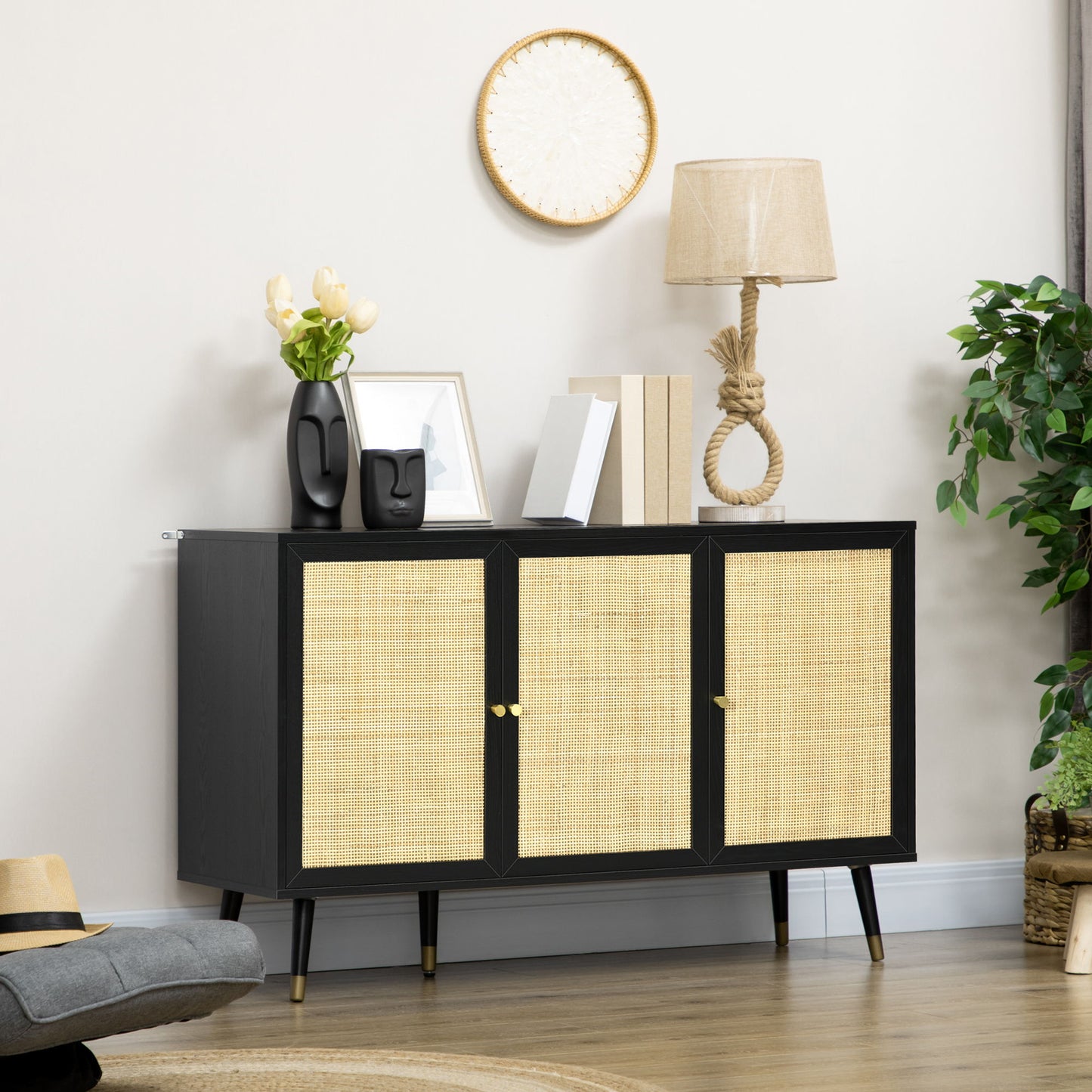 Kitchen Sideboard Cabinet, Boho Storage Cabinet with Shelves, Wood Legs, Decorative Rattan Doors, Black