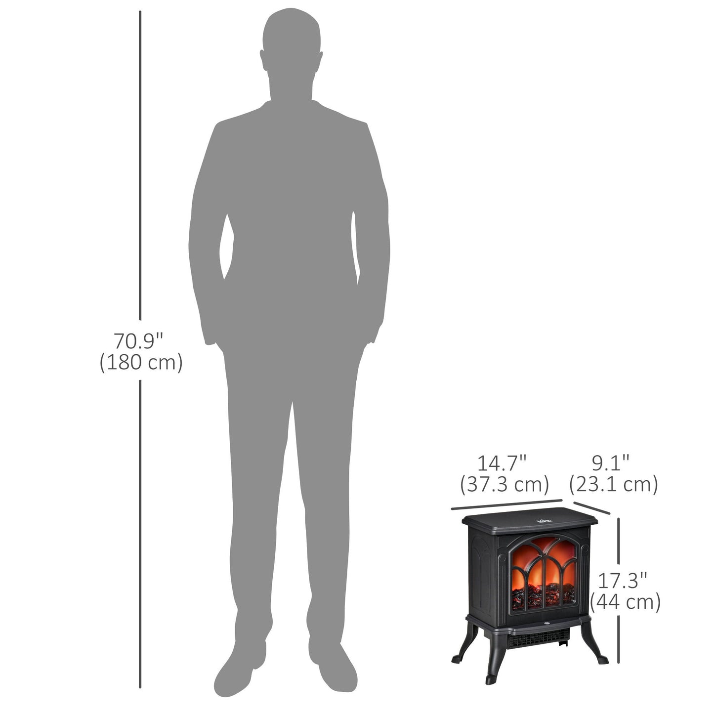 Electric Fireplace Heater, Freestanding Fireplace Stove with Realistic Flame, Overheat Protection, 750W/1500W, Black