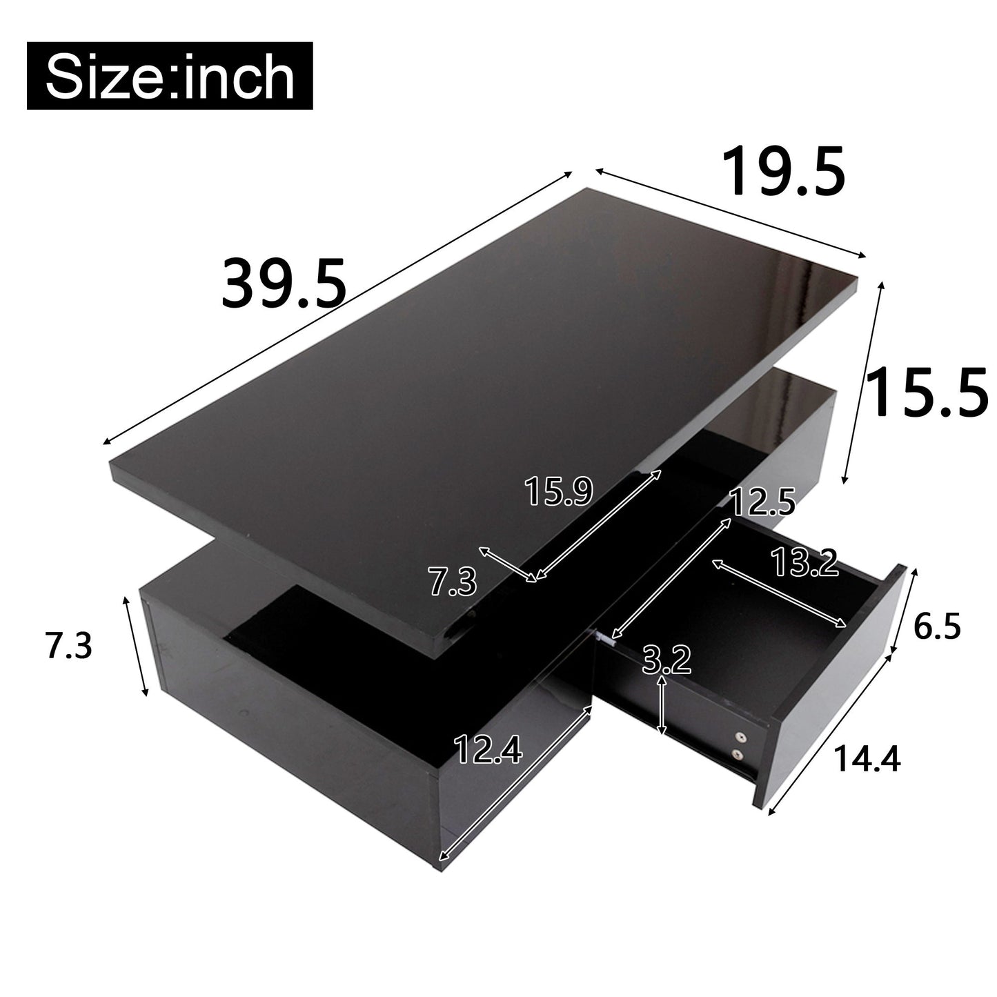 Modern High-Gloss Coffee Table with Hidden Drawer, Durable Particle Board, Modern Design, Easy to Install, 39.5" L x 19.5" W x 15.5" H, Black