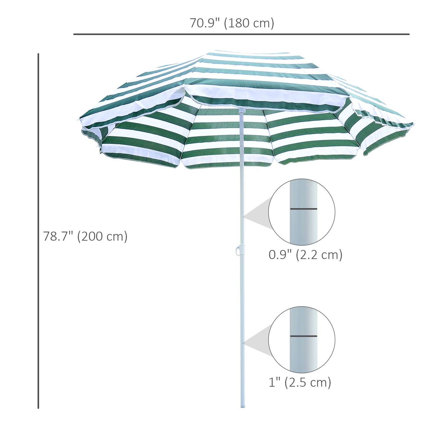 6FT Round Beach Umbrella with Tilt Mechanism, Outdoor UV Protection Sun Shaded Canopy with Push Button, Striped Green