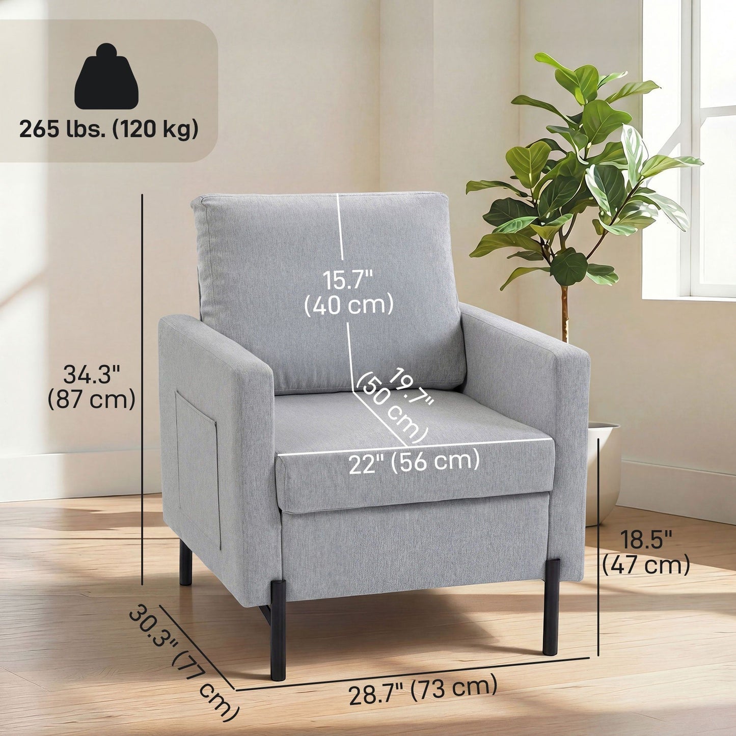 Upholstered Accent Armchair with Side Pockets - Light Grey