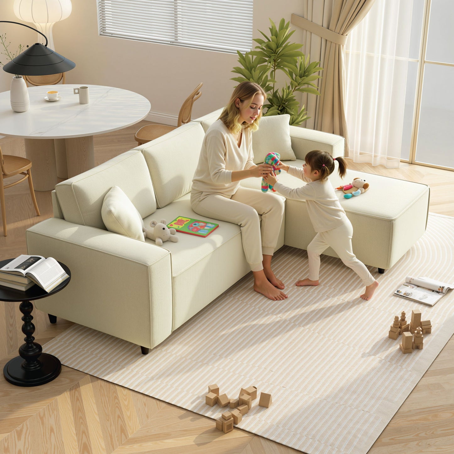 Corner Sofa with Changeable Chaise, Corduroy L-Shaped Sectional Sofa with Pocket Spring, 2 Pillows, Cream White