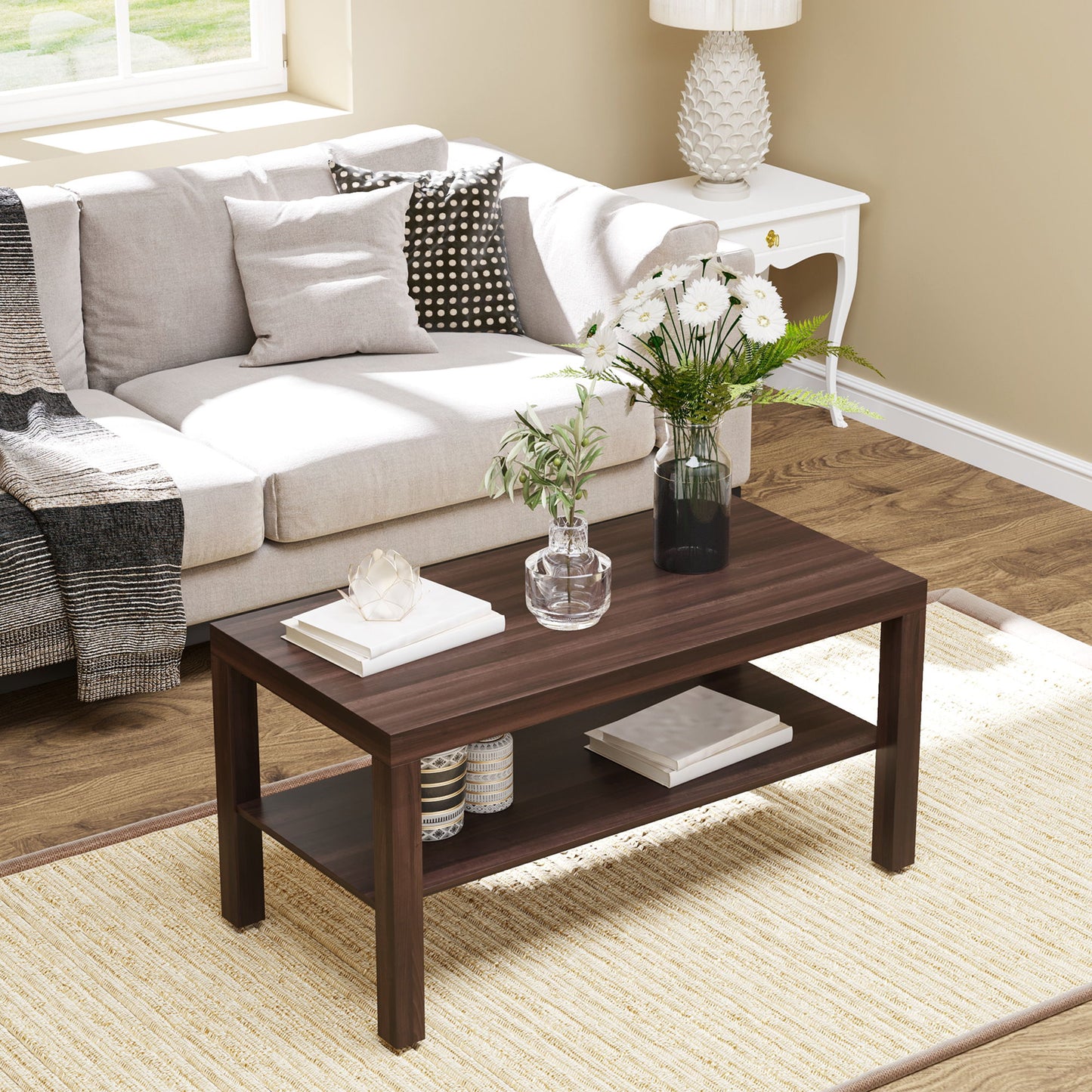 2 Tier Coffee Table with Storage Shelf, Rectangular Center Table for Living Room, Home Office Furniture Walnut