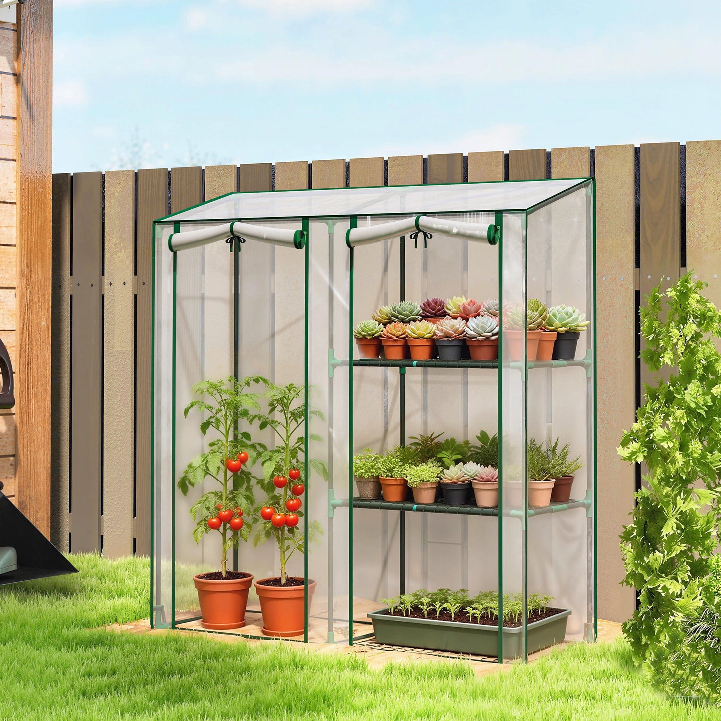 Mini Greenhouse, Portable Greenhouse with 3 Shelves, 2 Roll-up Doors, 56.3" x 17.7" x 59.4", Clear