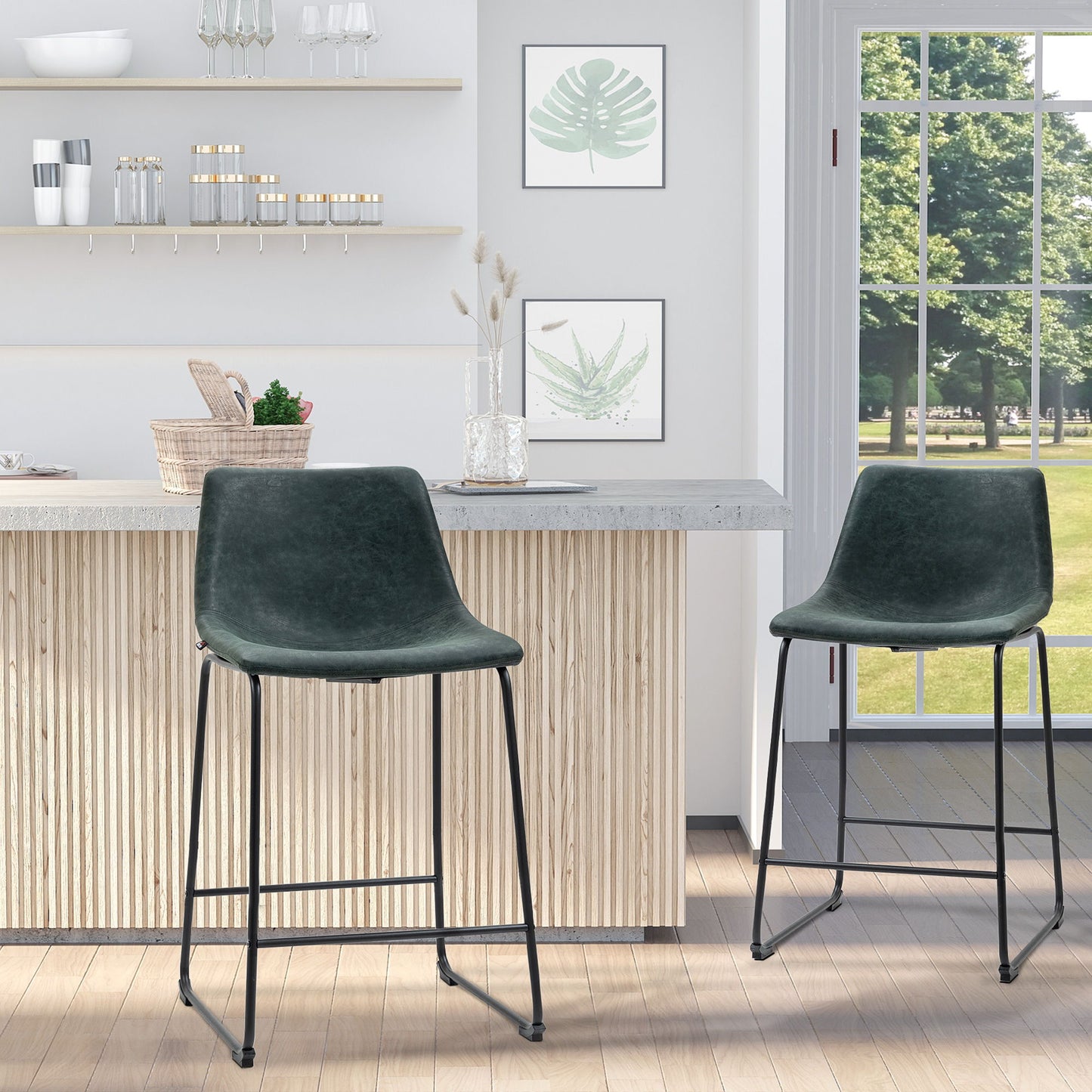Counter Height Bar Stools Set of 2, Vintage PU Leather Bar Chairs, Kitchen Stool with Footrest for Home Bar Green