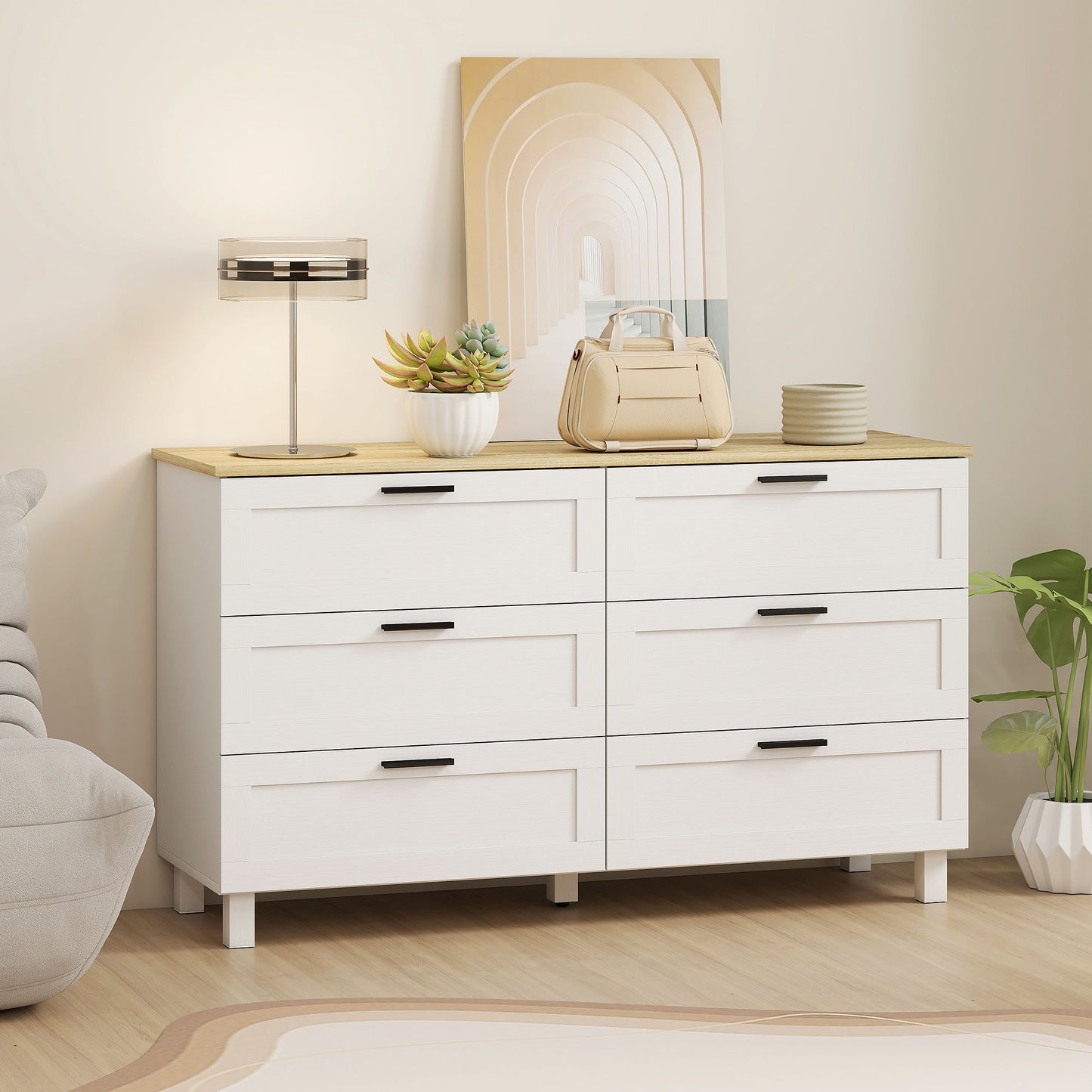 47" Wide Chest of Drawers, Modern Dresser with 6 Drawers and Wood Legs for Bedroom, Living Room, Entryway, White