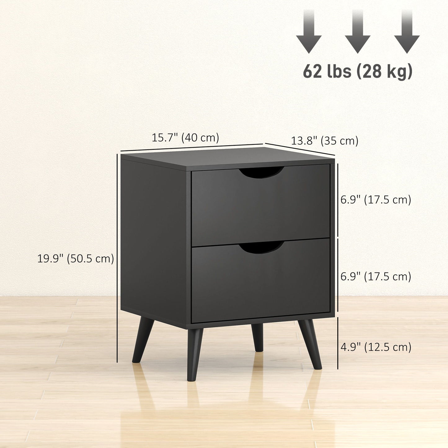 Modern Bedside Table Set of 2, Nightstand with 2 Drawers and Pine Wood Legs for Bedroom, Living Room, Black