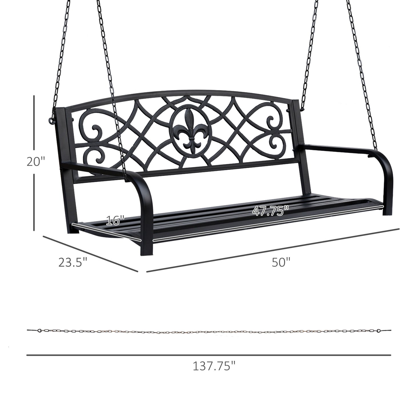 50"L Steel Porch Swing Fleur-De-Lis Patio Swing Chair Hanging Bench Outdoor 2-person Glider Chair Seat w/ Chain Antique Style Black