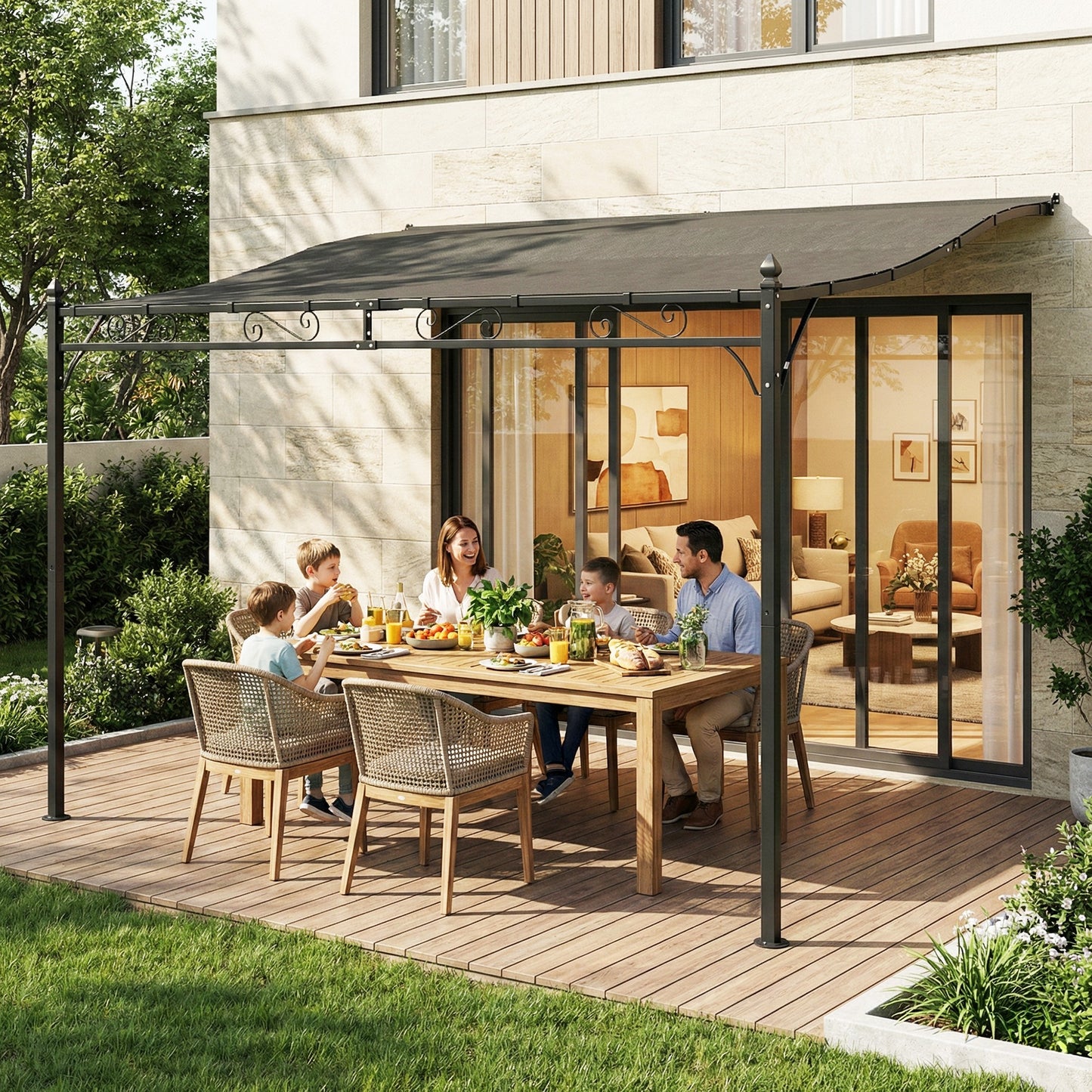 11.5' x 8.2' Outdoor Pergola, Wall Mounted Lean to Pergola with Metal Frame, UPF30+, Garden Gazebo