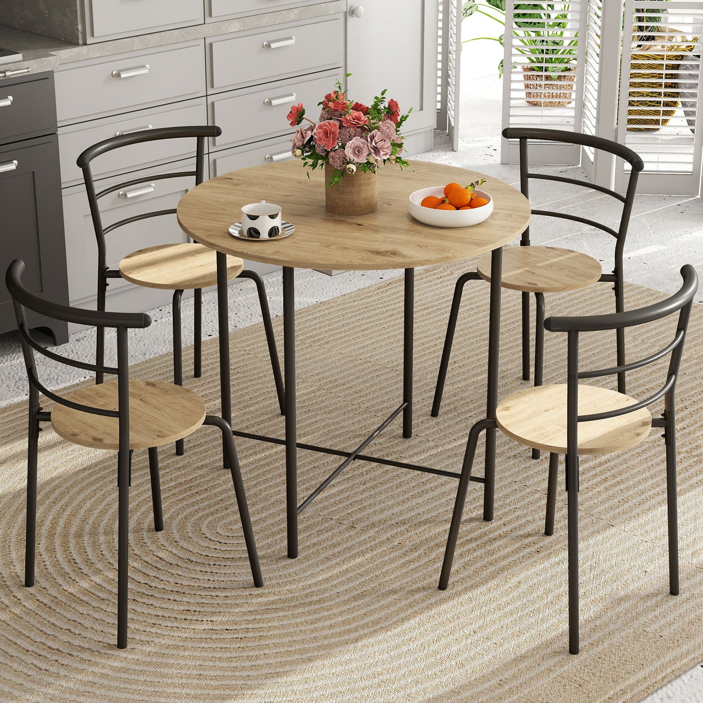5 Piece Dining Table Set, Space Saving Round Dining Set for 4 with Metal Frame for Small Spaces, Natural