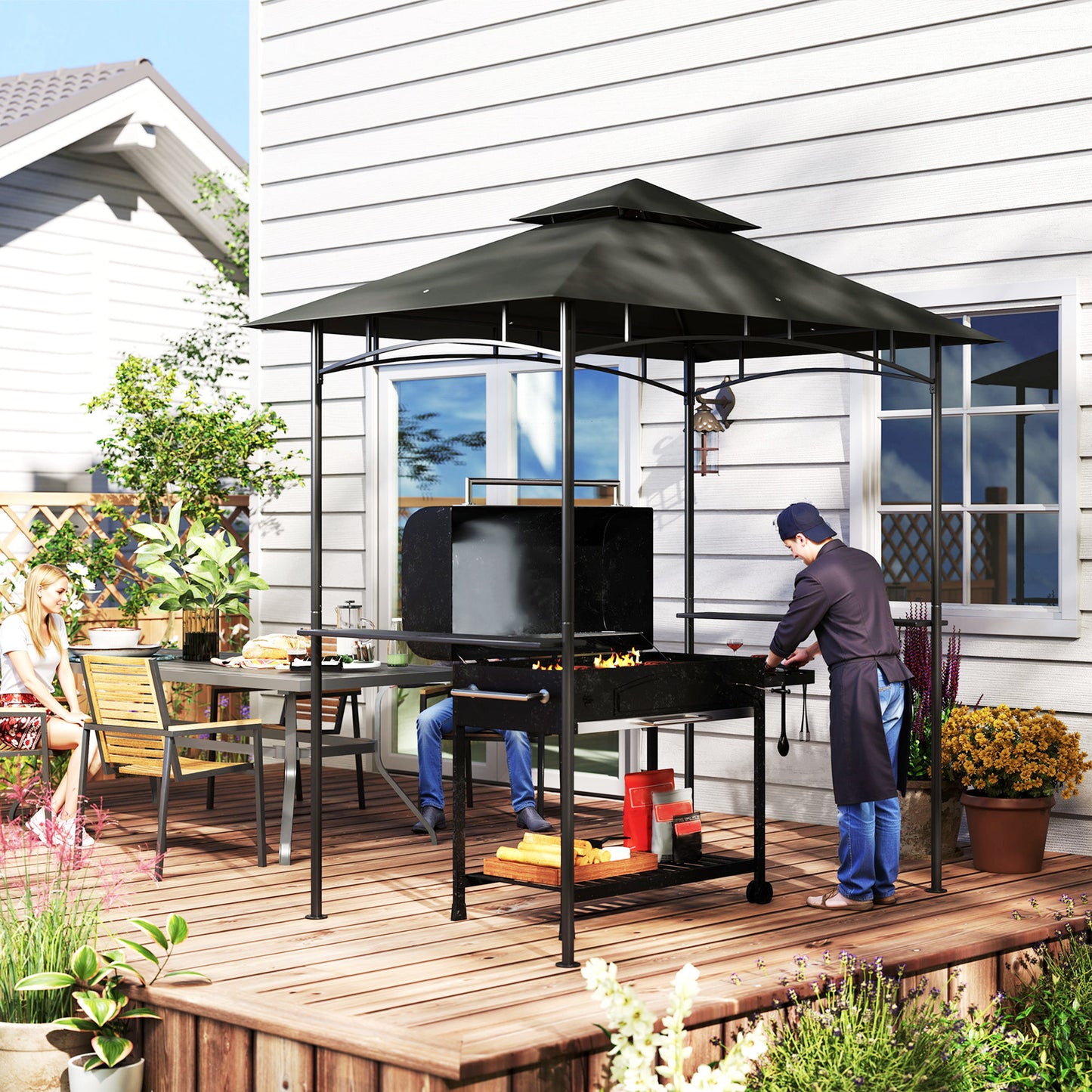 8' x 5' Outdoor Grill Gazebo, Double Tiered Barbecue Grill Gazebo Shelter with 2 Side Shelves, Hooks, Dark Grey