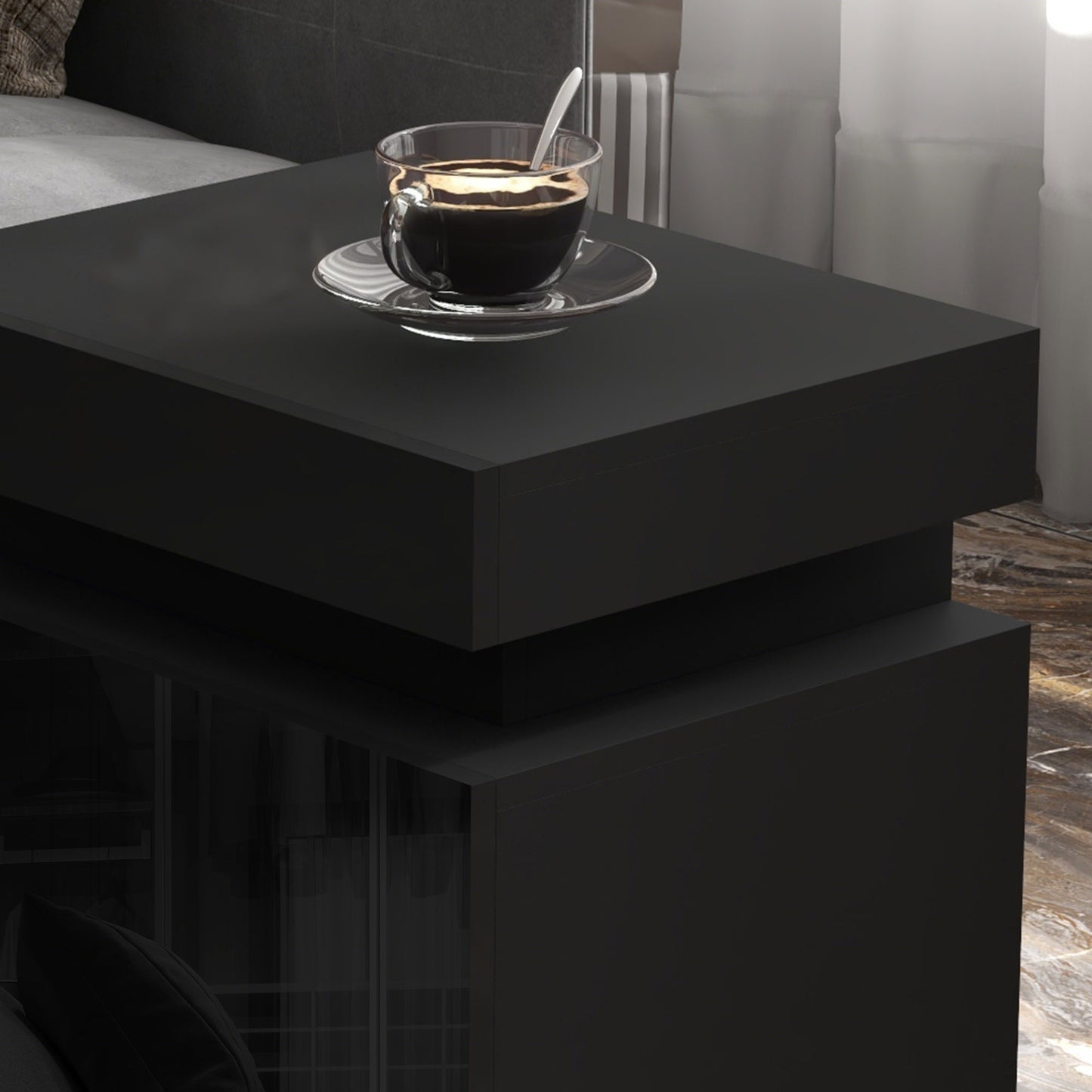 Nightstand, Bedside Table with LED Lights and 2 Drawers for Bedroom, Living Room, Black