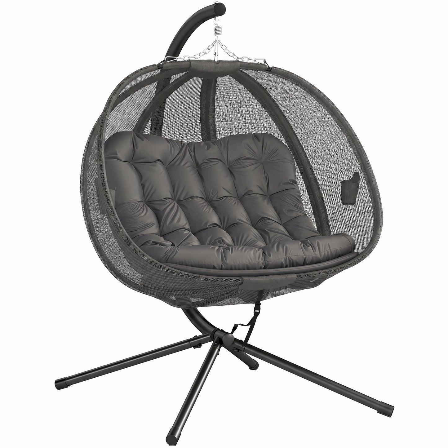 Double Egg Chair with Stand, 2 Person Hanging Swing Egg Chair with Cushion, Pockets, Grey