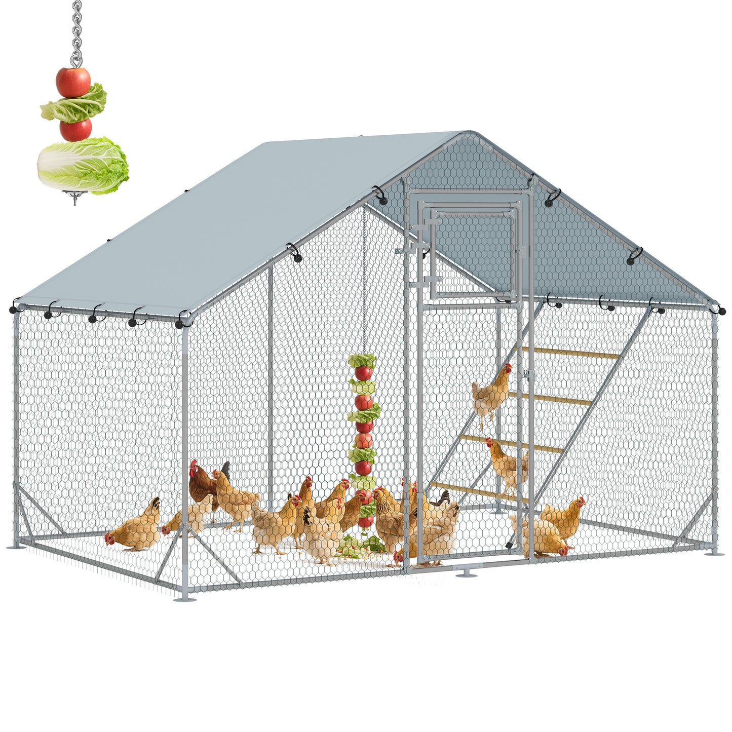 Large Metal Chicken Run with Waterproof & UV-Resistant Cover, Feeding Door, Hanging Feeder, Perch for 6-8 Chickens