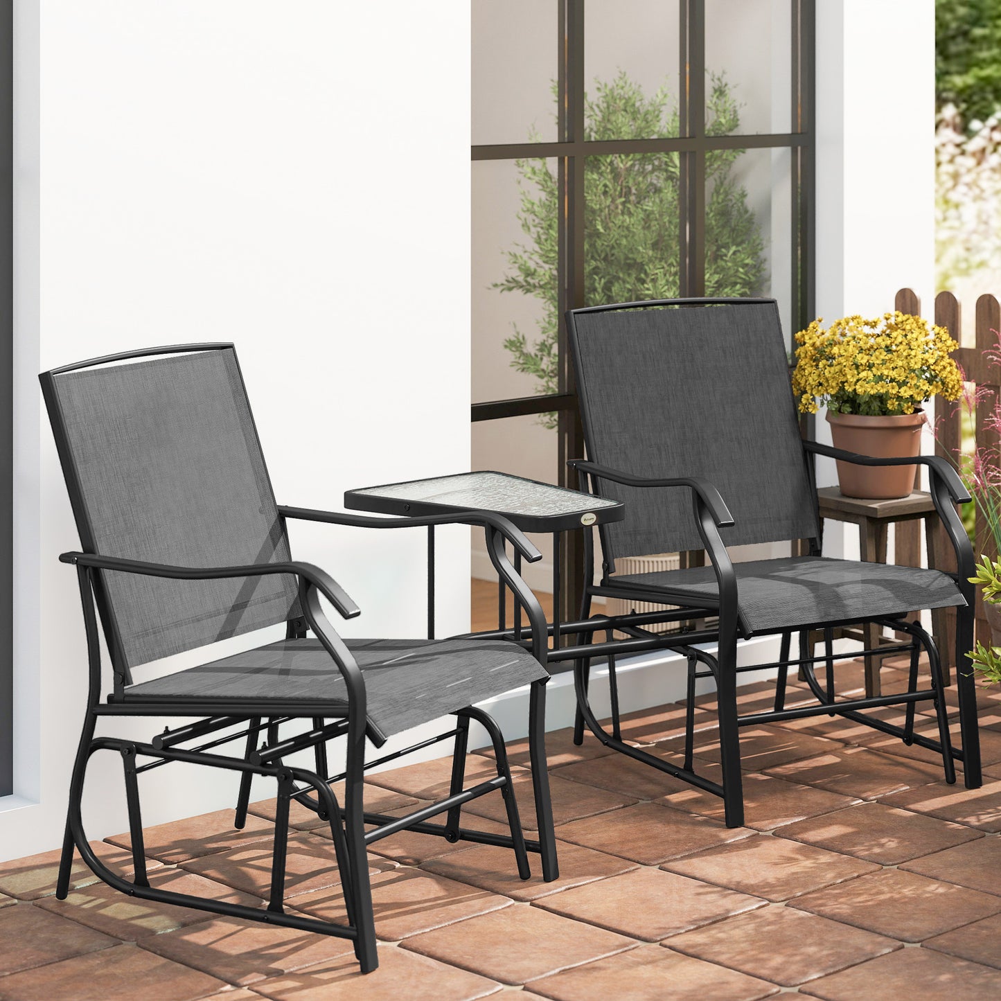 Double Patio Glider Chair with Glass Top Center Table, Outdoor Glider Loveseat with High Back, All Weather Breathable Mesh Fabric for Garden, Backyard, Deck, Black