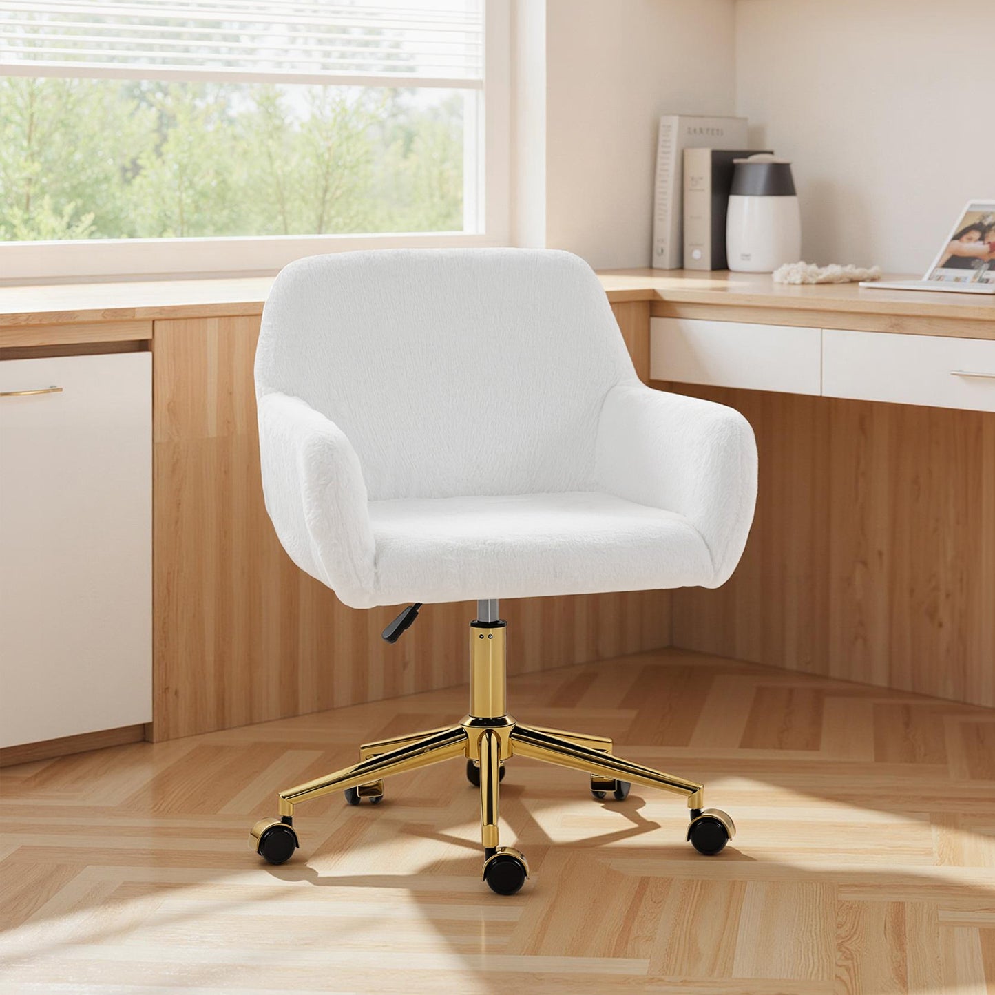 Office Chair, Faux Rabbit Fur Upholstered Vanity Desk Chair, Cream White