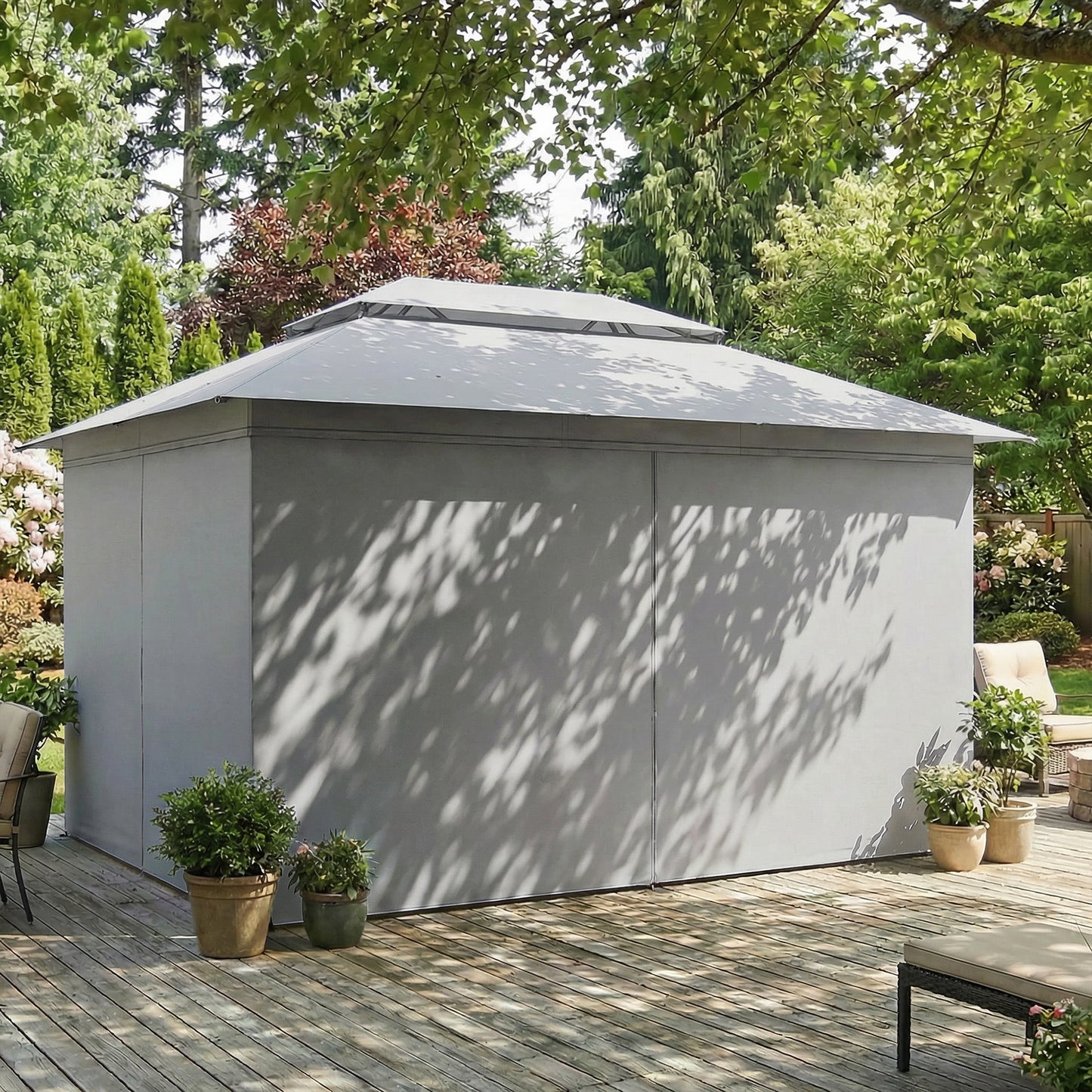 10' x 13' Patio Gazebo, UPF50+ Double Roof Outdoor Gazebo Canopy with Netting and Curtains, Steel Frame, Dark Grey