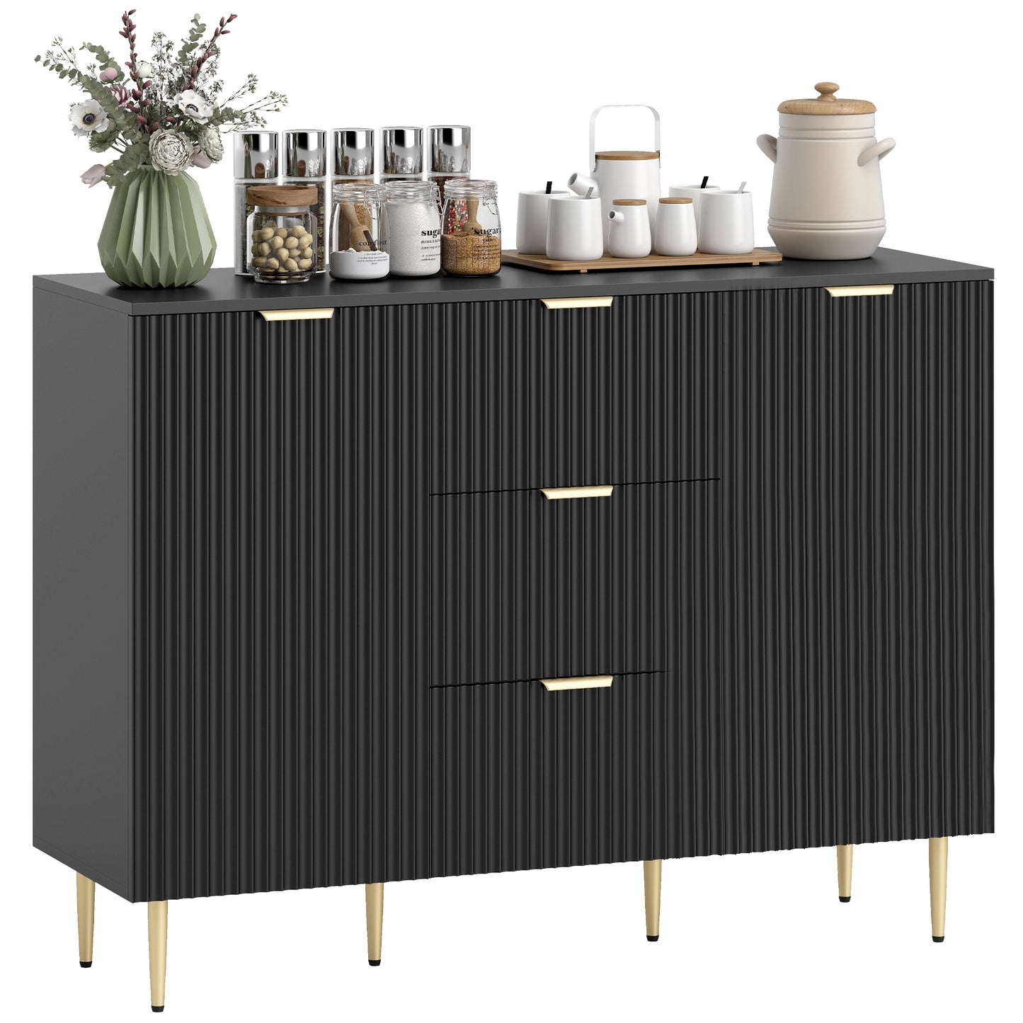 Modern Kitchen Storage Cabinet, Sideboard Buffet Cabinet w/ 3 Drawers and Adjustable Shelves for Kitchen Hallway, Black