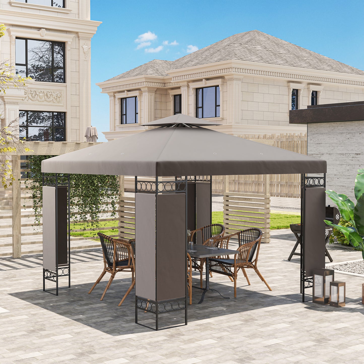 10 x 10 FT Canopy Gazebo, Double Roof Patio Gazebo with Screen Panels and Metal Frame for Deck, Backyard, Khaki