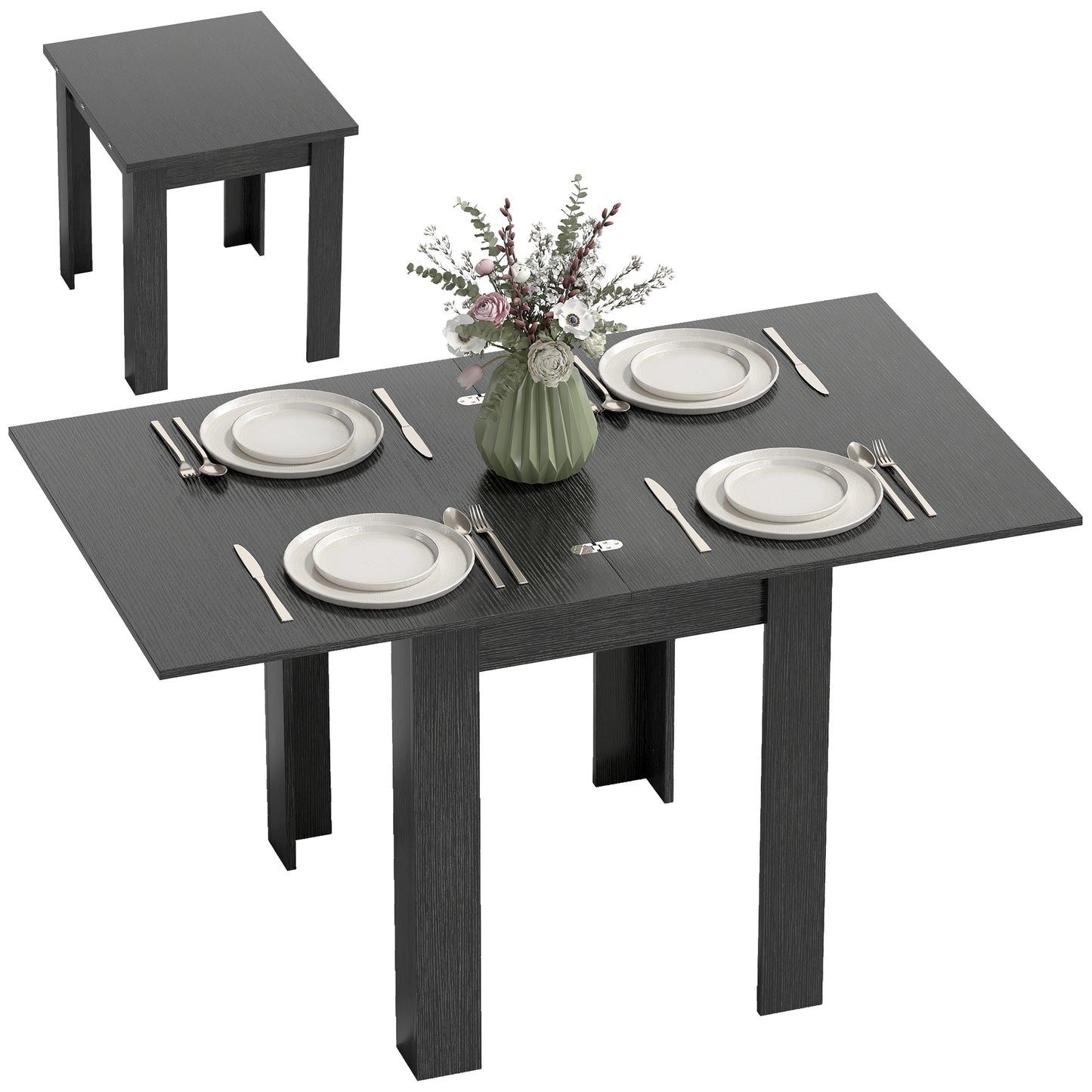 55" Extendable Dining Table for 4-6, Kitchen Table with Steel Slides and Felt Pads for Small Spaces, Black