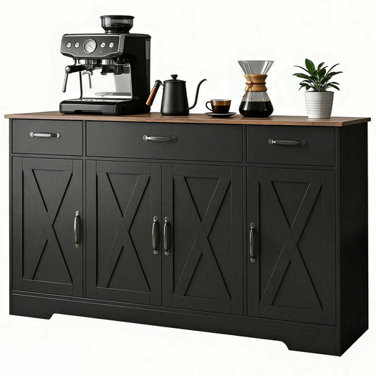 55" Farmhouse Sideboard Buffet Cabinet with 4 Barn Doors - Black