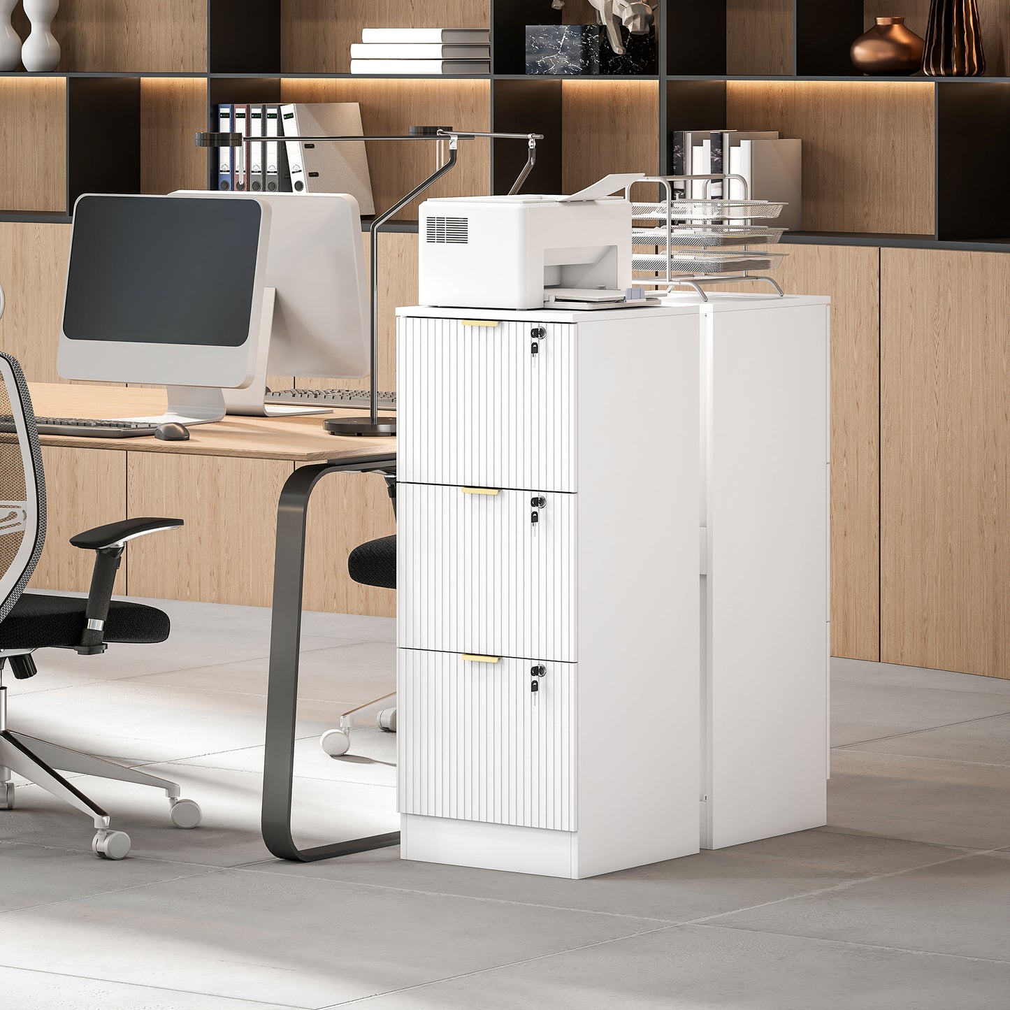 Lockable Filing Cabinet with 3 Fluted Drawers, File Cabinet with Adjustable Hanging Rails for A4 Letter Files, White