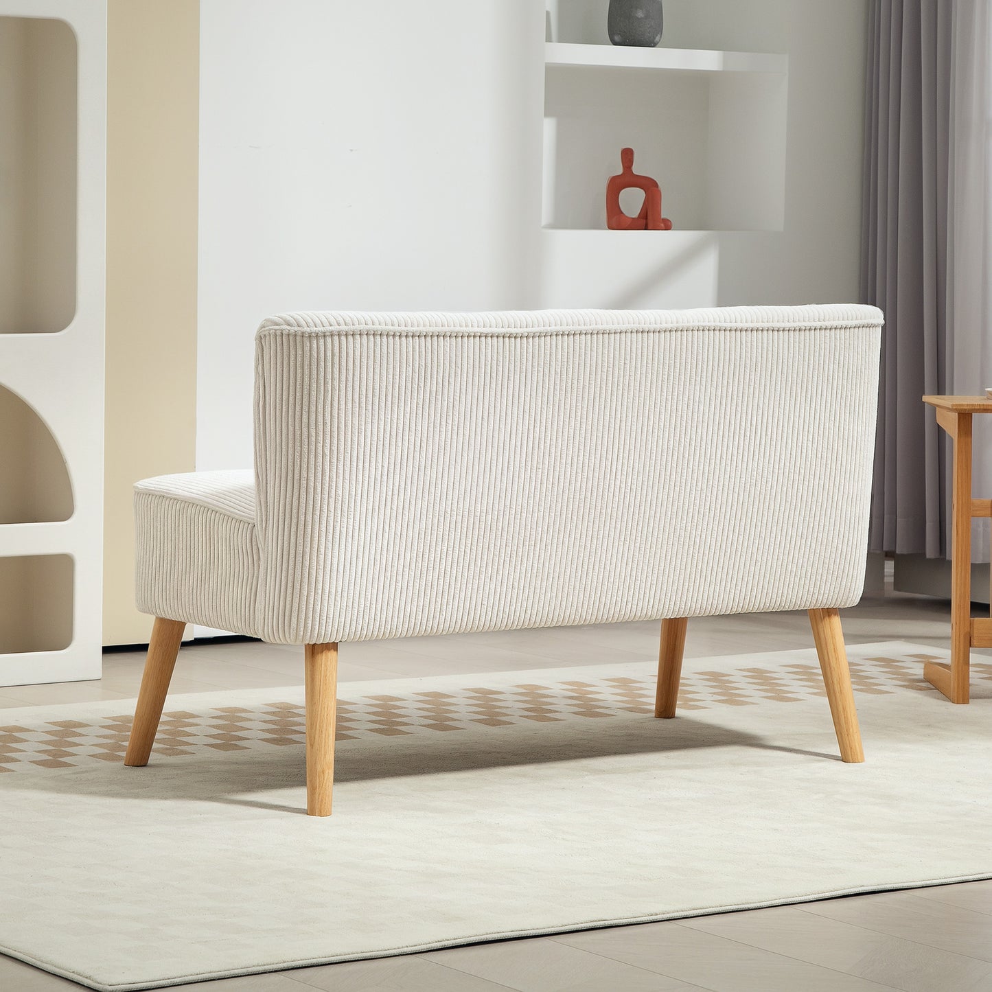 Modern 2 Seater Sofa, Upholstered Two Seater Couch with Rubber Wood Legs, Cream White
