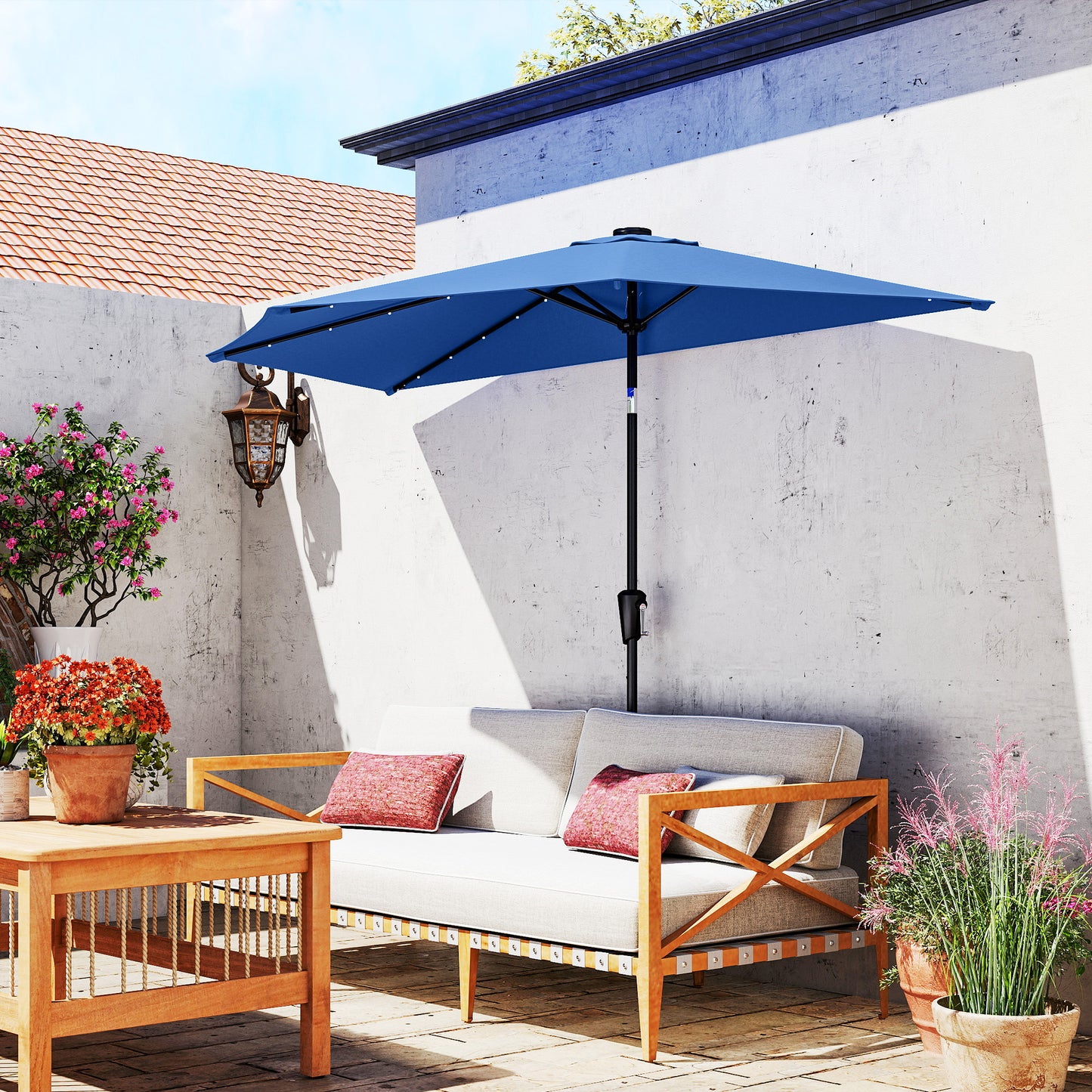 Half Outdoor Patio Umbrella with Solar LED Lights Half Umbrella with Crank 105.1" x 53.5" Navy Blue