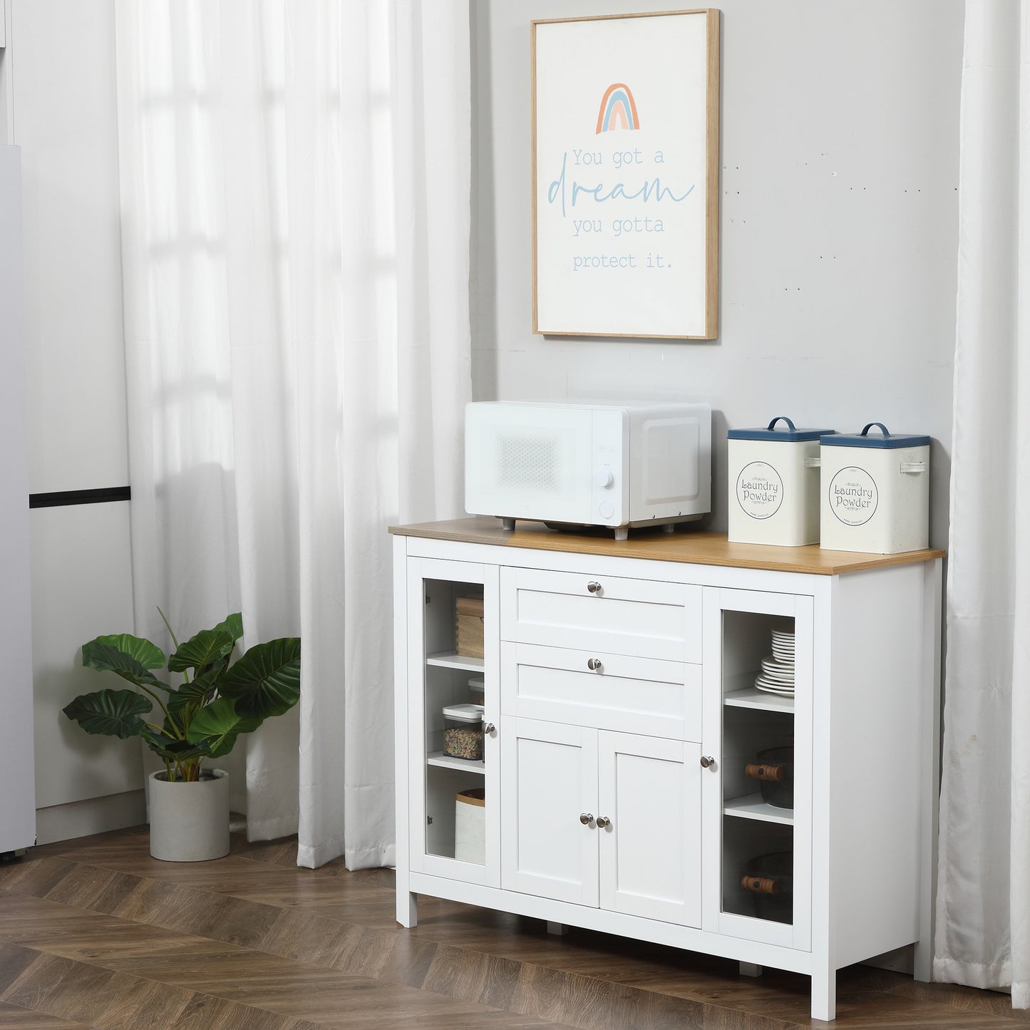 Buffet Cabinet Sideboard with 2 Drawers, 3 Storage Cabinets, Glass Doors and Adjustable Shelves, White