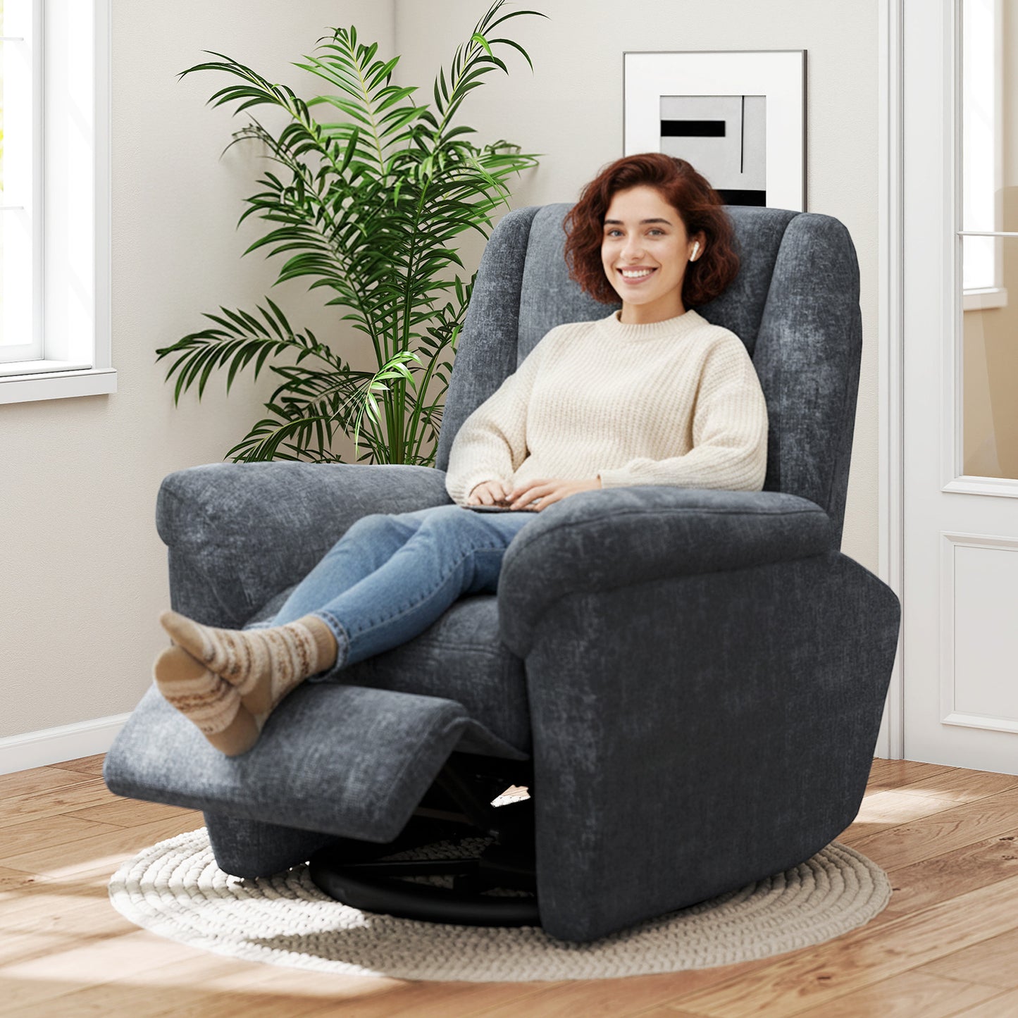 Power Recliner Chair, Fabric Upholstered Recliner Chair with USB Ports, Swivel and Rocking Function, Footrest, Dark Grey