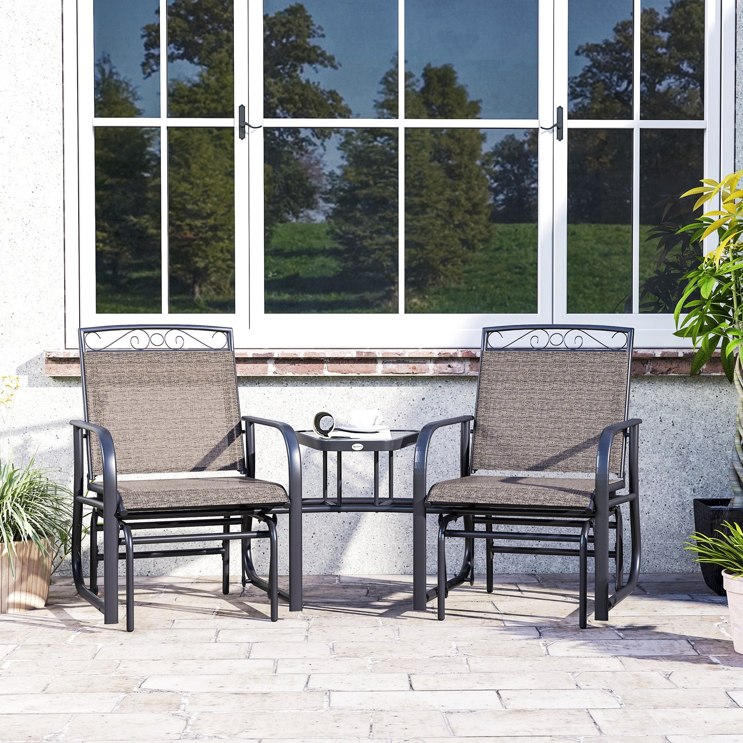 Outdoor Glider Bench with Coffee Table, Patio 2-Seat Rocking Chair Swing Loveseat with Breathable Sling for Backyard Garden Porch, Black