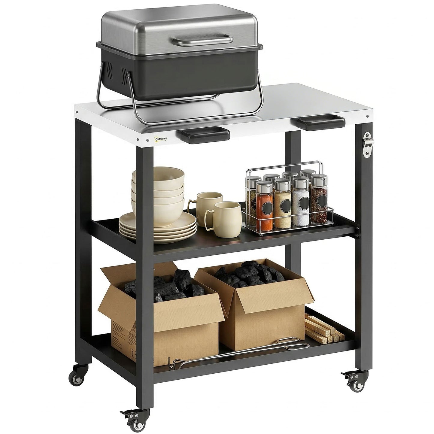Outdoor Grill Cart with Stainless Steel Tabletop, 2 Shelves, Rolling Prep Dining Cart with Lockable Wheels