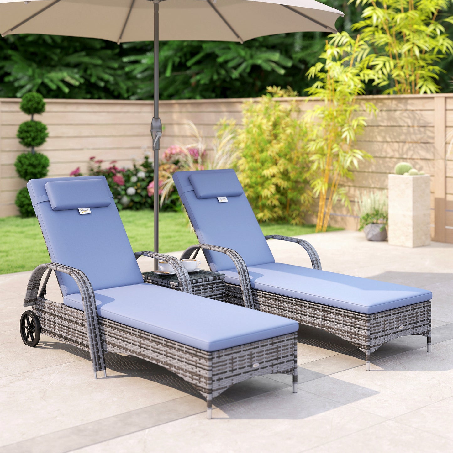 3 Pieces Wicker Patio Lounger Set with Table, PE Rattan Outdoor Lounge Chair Set with Cushions, Wheels, 5-Level Reclining Backrest, Headrest, Grey