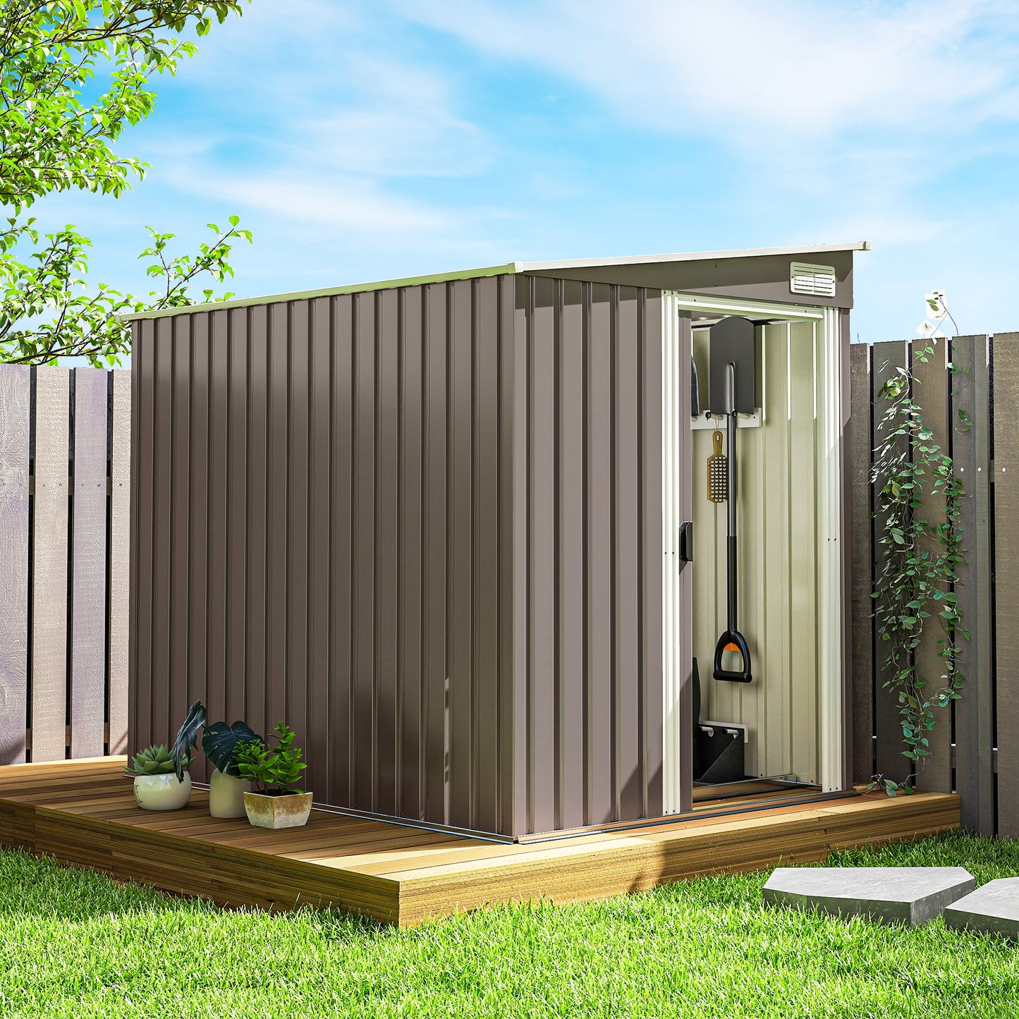 5'x7' Lean to Galvanized Metal Shed with Foundation, Garden Tool Storage House w/ Sliding Door and 2 Vents, Light Grey