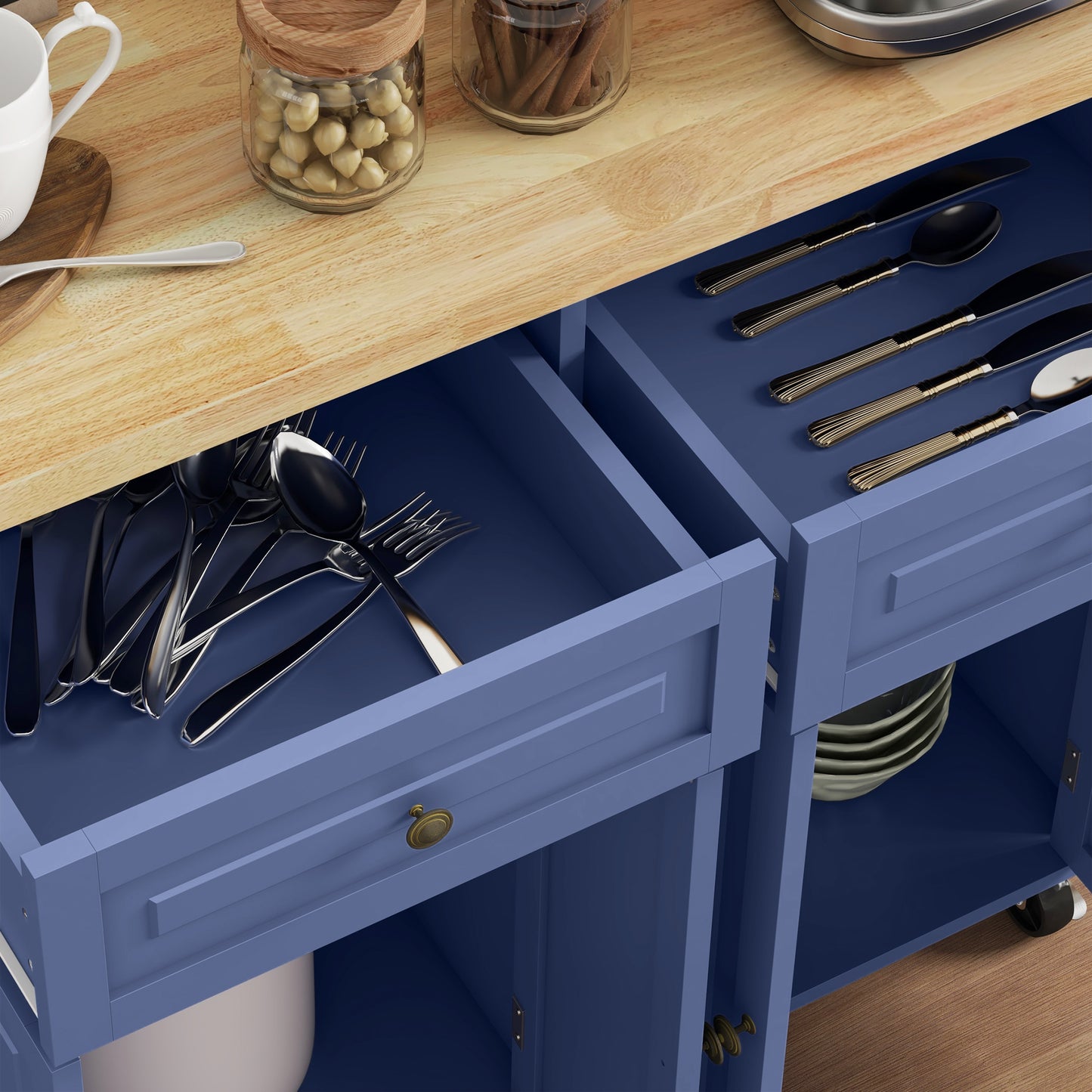 Kitchen Island with Storage, Rolling Trolley Cart with Rubber Wood Top, Spice Rack, Towel Rack, Navy Blue