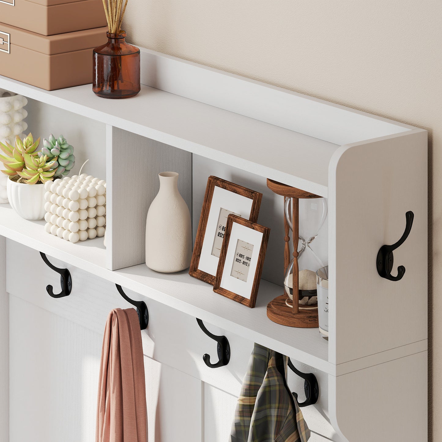4-In-1 Hall Tree with Shoe Bench, Modern Coat Rack with Open Shelf for Hallway, Entryway, Bedroom, Living Room, White