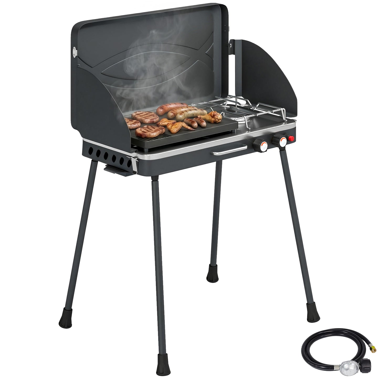 2-in-1 Camping Stove & Gas Griddle Combo, 20,000 BTU Portable Propane Grill with Detachable Legs, Wind Guards, Black