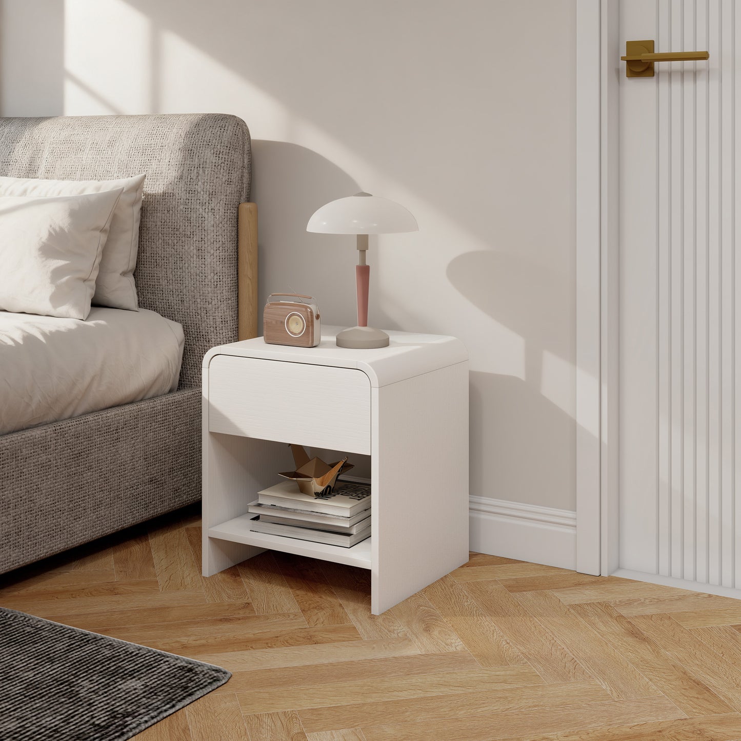 Nightstand Set of 2, Modern Bedside Table with Rounded Corners, Nightstand with Drawer and Open Shelf, Distressed White