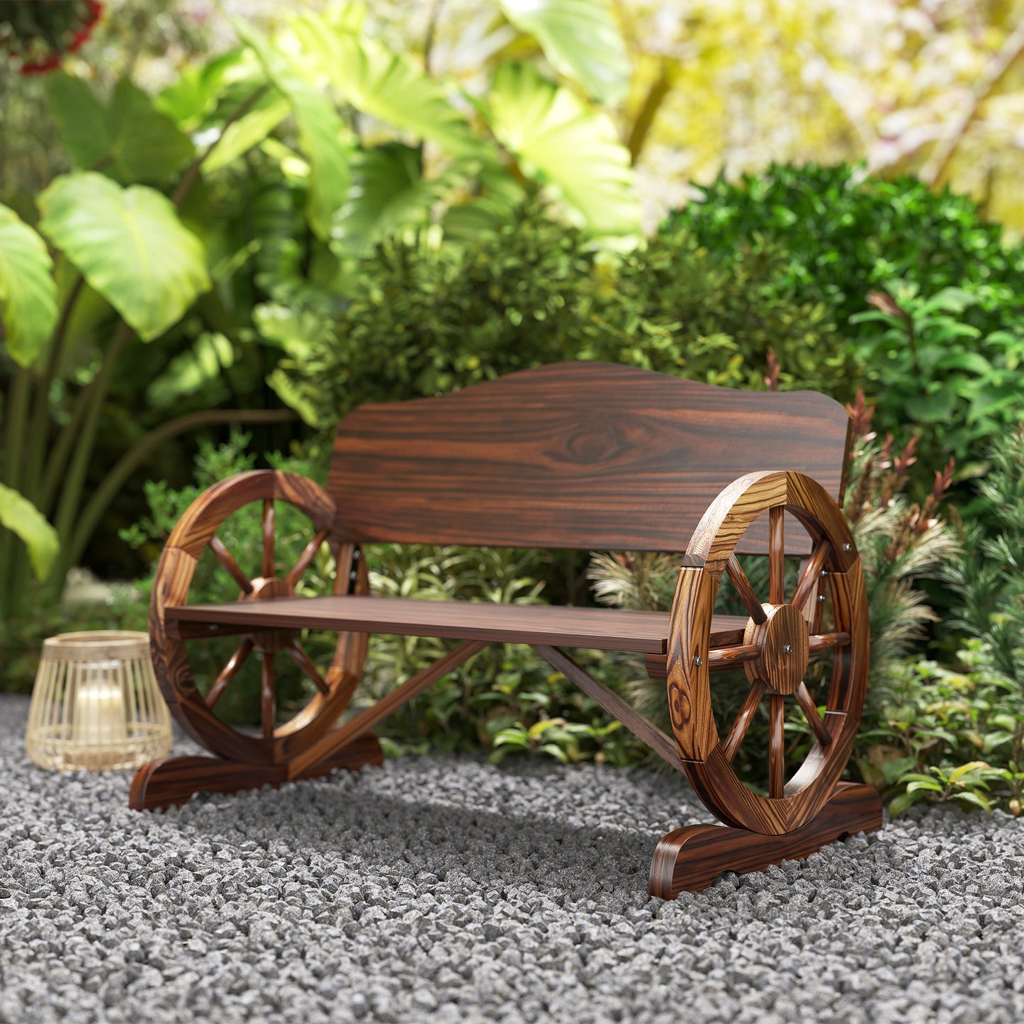 Wooden Outdoor Bench, Garden Patio Loveseat with Wagon Wheel Armrests, 528LBS Capacity, Carbonized
