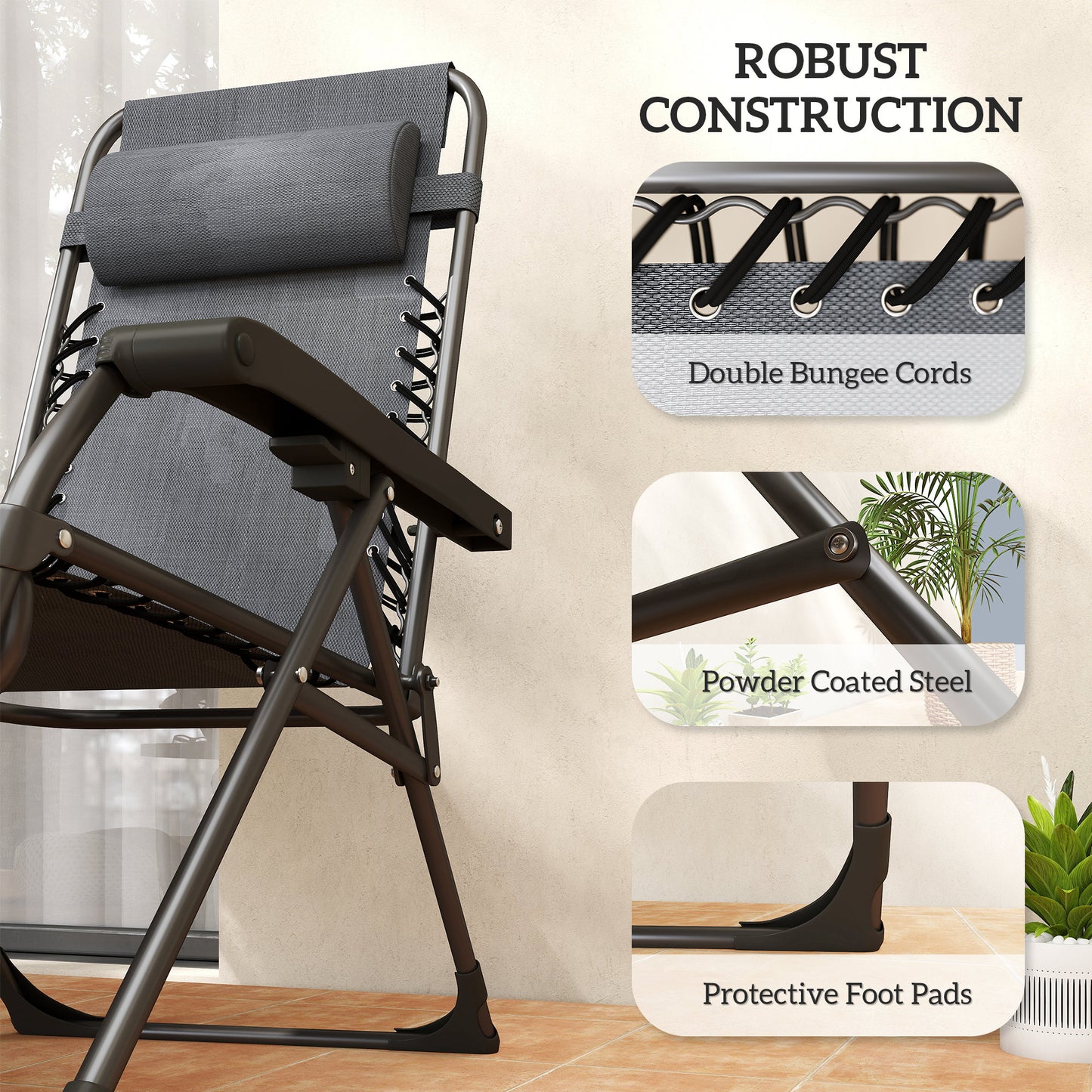 Zero Gravity Chair Set of 2, Folding Reclining Outdoor Lounge Chair with Cup Holder, Headrest, Dark Grey