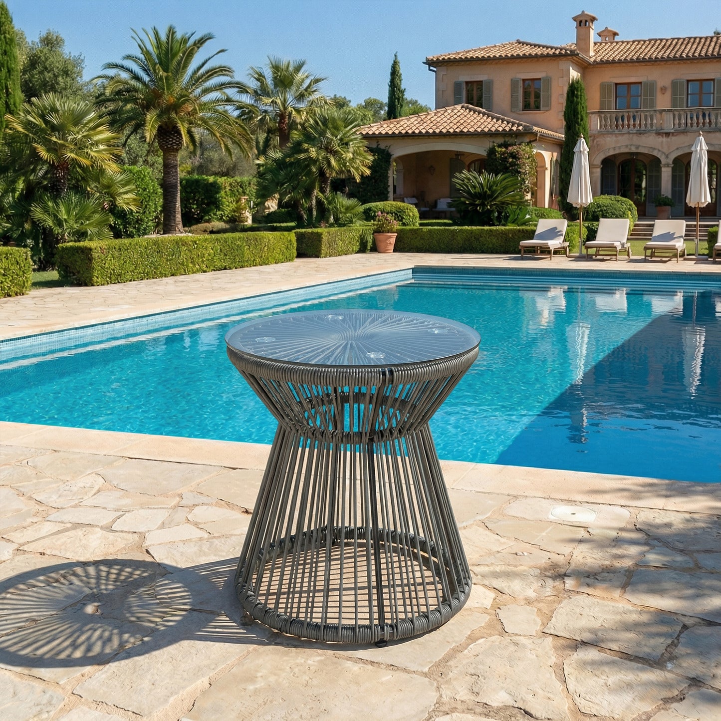 Round End Table, Rattan Side Table, Hollow Drum Design Coffee Table w/ Glass Top for Patio, Garden, Balcony, Dark Grey