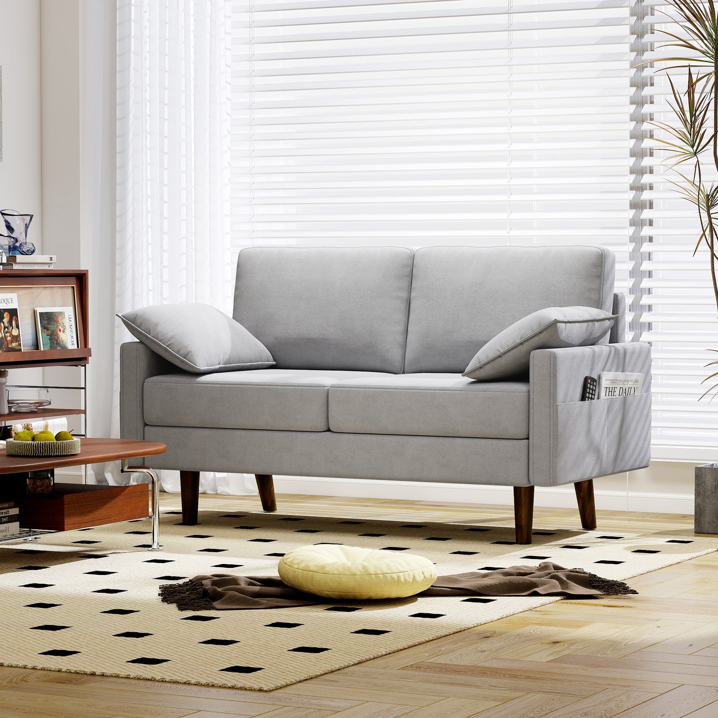 3 Seater Sofa, Velvet Upholstered Couch with Spring Cushions, Rubber Wood Legs and 2 Pillows, Grey