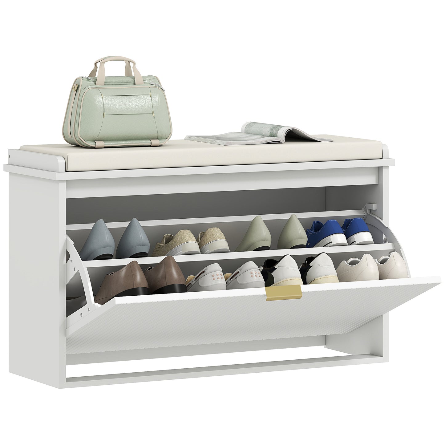 Entryway Bench with Padded Seat and Flip-Drawers, Holds up to 265lbs, Shoe Storage Bench for 8 Pairs of Shoes, White