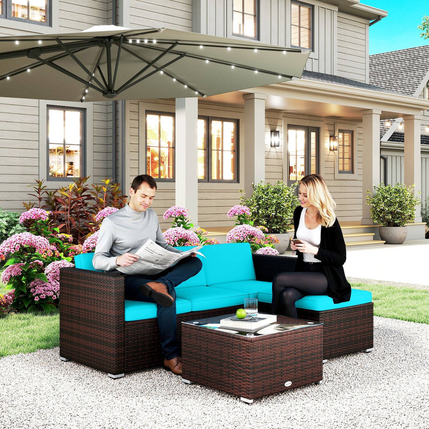 3 Pieces Patio Furniture Set with Cushions, Outdoor PE Rattan Wicker Conversation Corner Sofa Set, Light Green