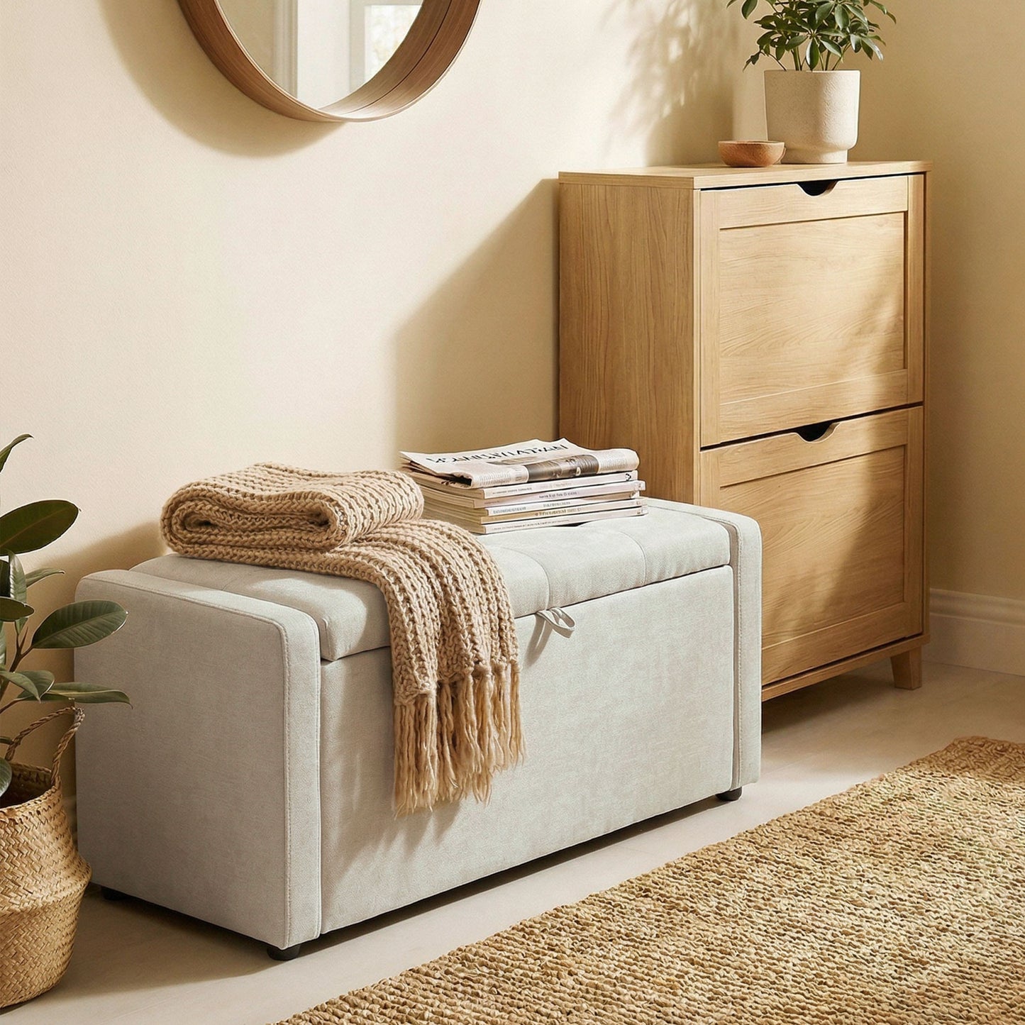 Storage Ottoman Bench, Linen-Look Fabric Upholstered Ottoman with Storage, Wide Padded Seat, Cream White