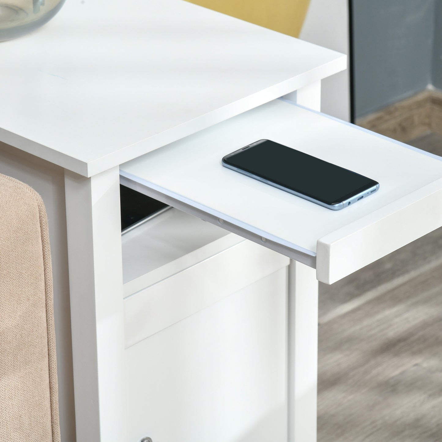 Wooden 3-Tier Modern Nightstand with Pullout Shelf, Adjustable Open Shelf, and Door Cabinet, White