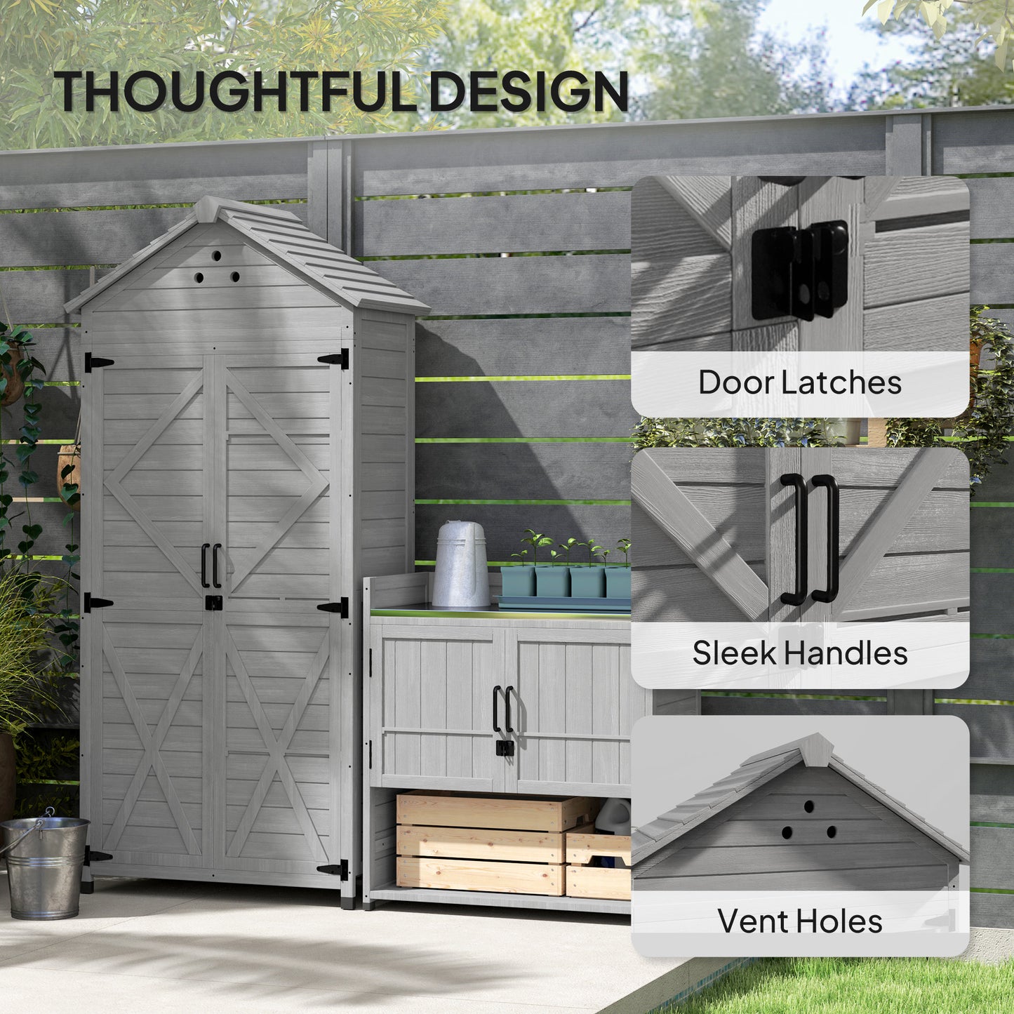 2-in-1 Outdoor Storage Cabinet, Wood Garden Shed with Shelves, Vent Holes, Foot Caps for Backyard, Patio, Lawn
