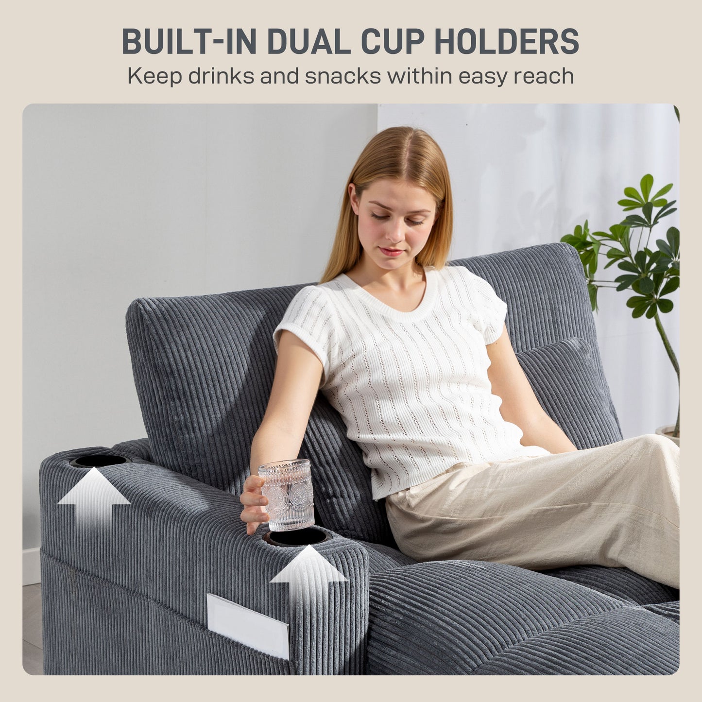 58" Chaise Lounge Indoor, Oversized Corduroy Sofa Bed with 2 Cup Holders, Pillow, Deep Seat Sleeper Couch, Dark Grey